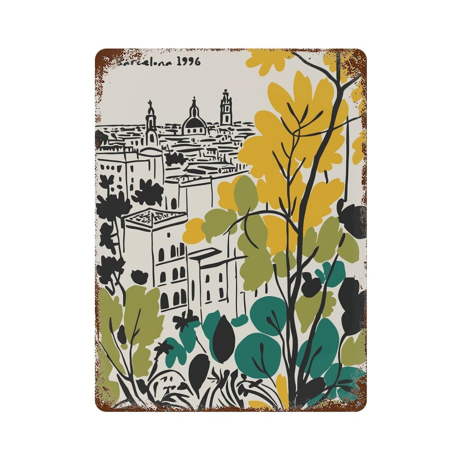 Barcelona 1996 Cityscape Illustration 15.7"x11.8" Decorative Tin Sign, Retro Wall Decor for Bistro, Counter And Cafe Decor