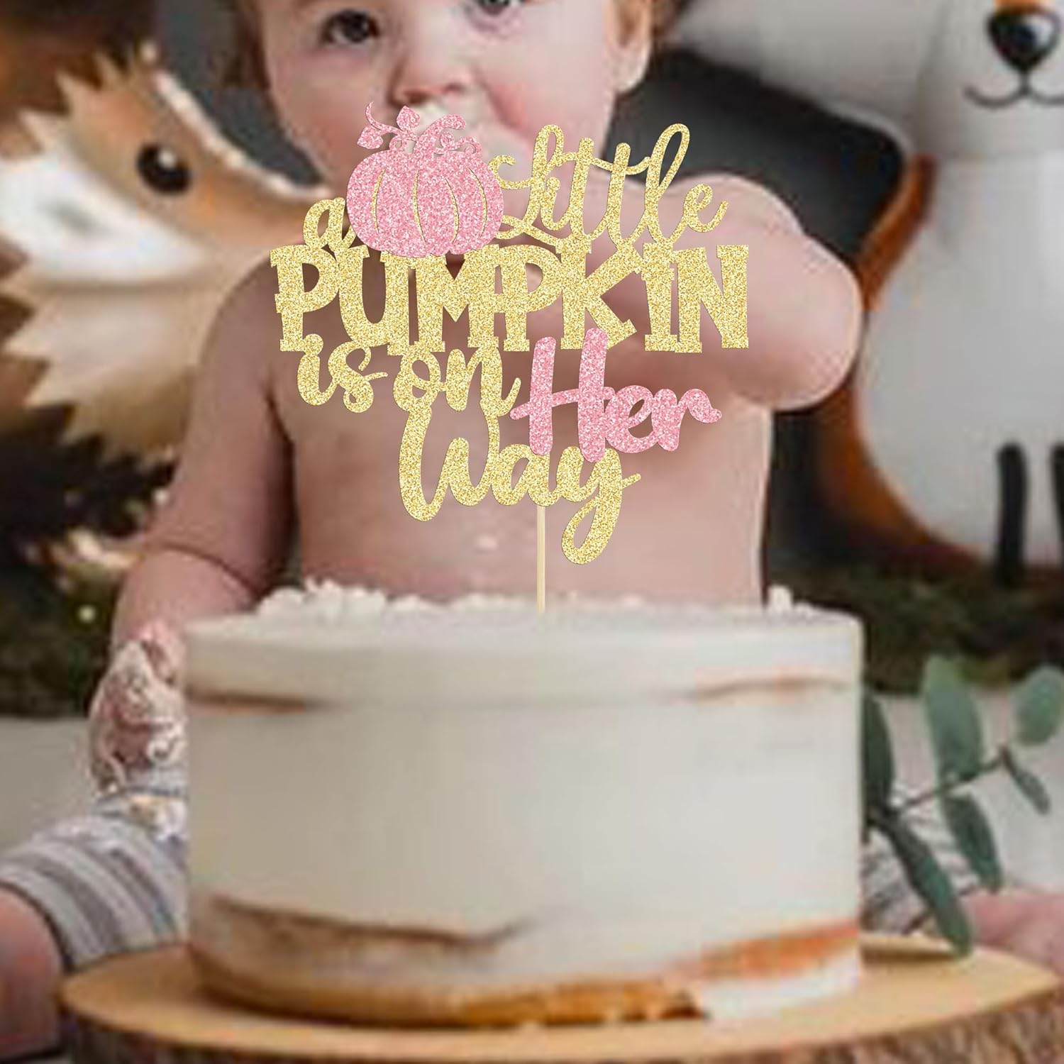 Little Pumpkin is on the Way Cake Topper, Glitter Pumpkin Baby Shower Cake Topper Decorations for Autumn/Halloween Themed Baby Shower Kids Boys Girls Birthday Party (Little Pumpkin on her way) 3
