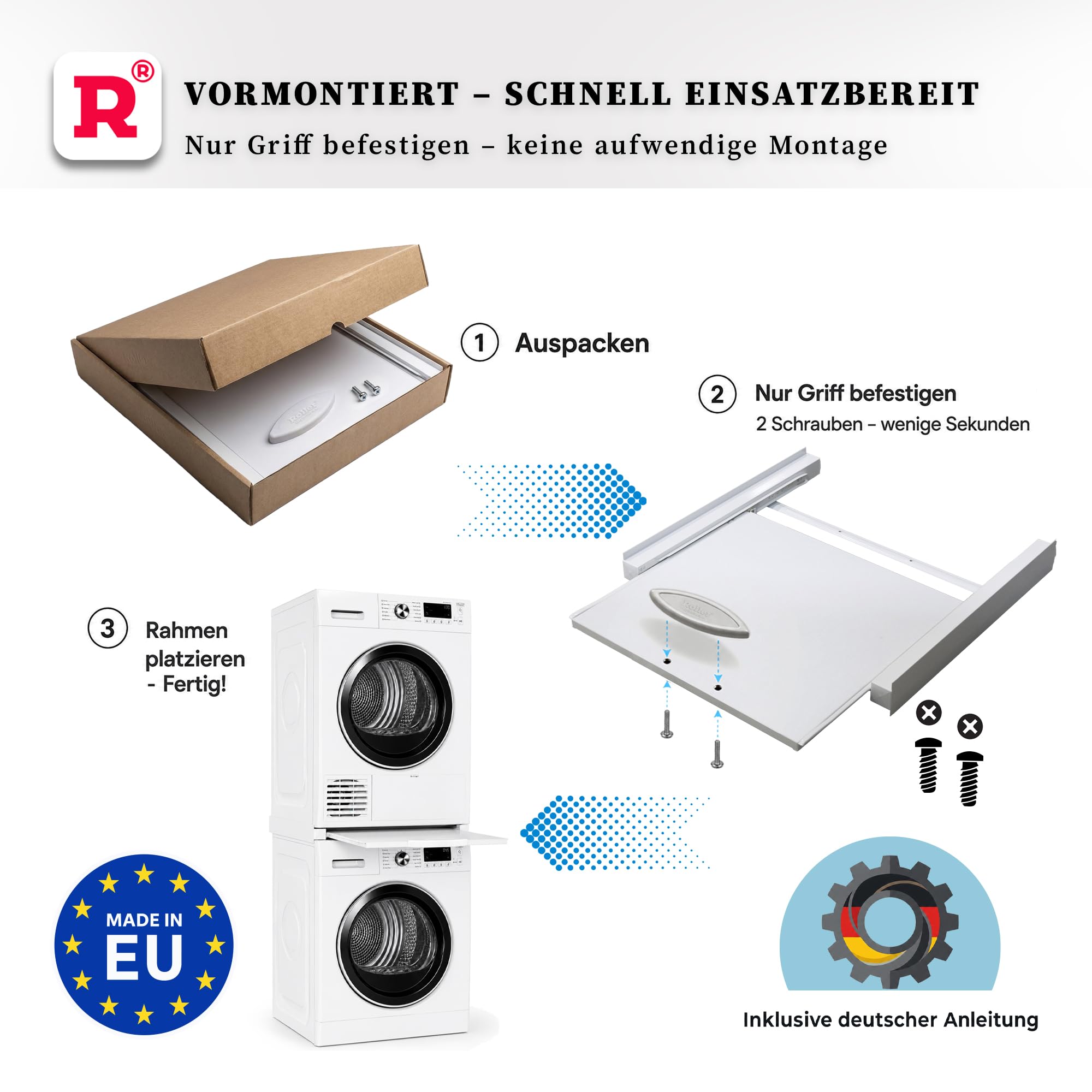 ROLLER Kappatos Zwischenbaurahmen Waschmaschine Trockner mit Schublade | Aluminium Verbindungsrahmen, 60x60 cm, Stapelrahmen Universal, 100 kg Tragkraft, Made in EU, Vormontiert