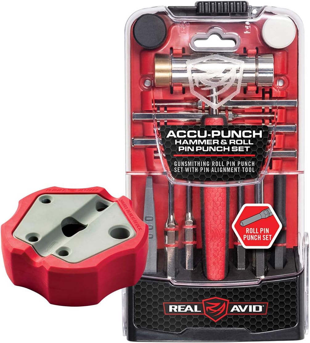 Roll Pin Punch Set & Hammer + Non-Slip Magnetic Bench Block | 10 Nickel-Plated Steel Roll Pin Punches, 4 Interchangeable Hammer Heads - Brass, Steel, Ruber, Nylon & Non-Marring Bench Block