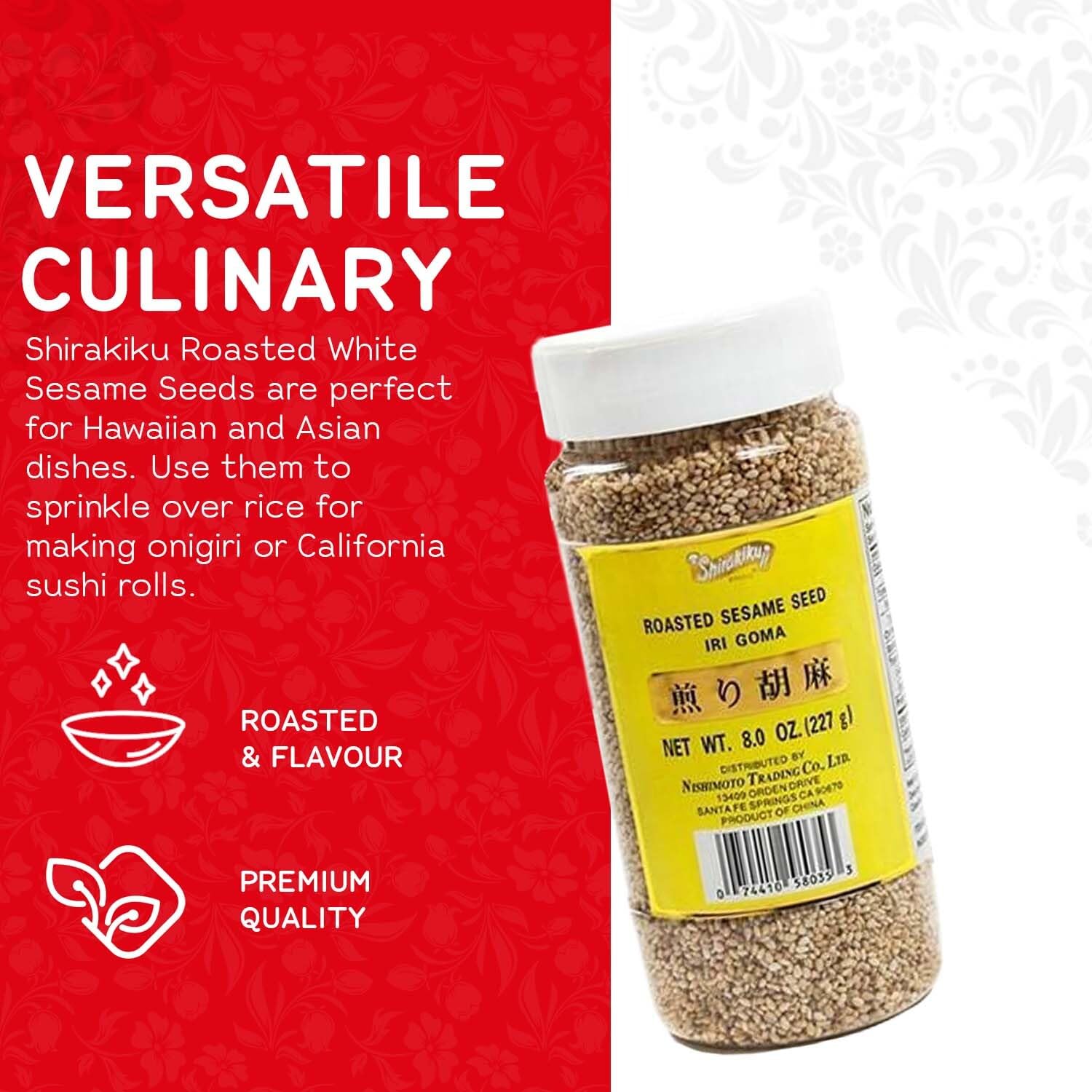 Shirakiku Roasted Sesame Seeds (IRI GOMA) | Perfect for Salad, Sushi, and Noodles Topping | Toasted Sesame Seeds with an Enticing Aroma, Flavor, and Crunch, 8 Oz - (Pack of 1)