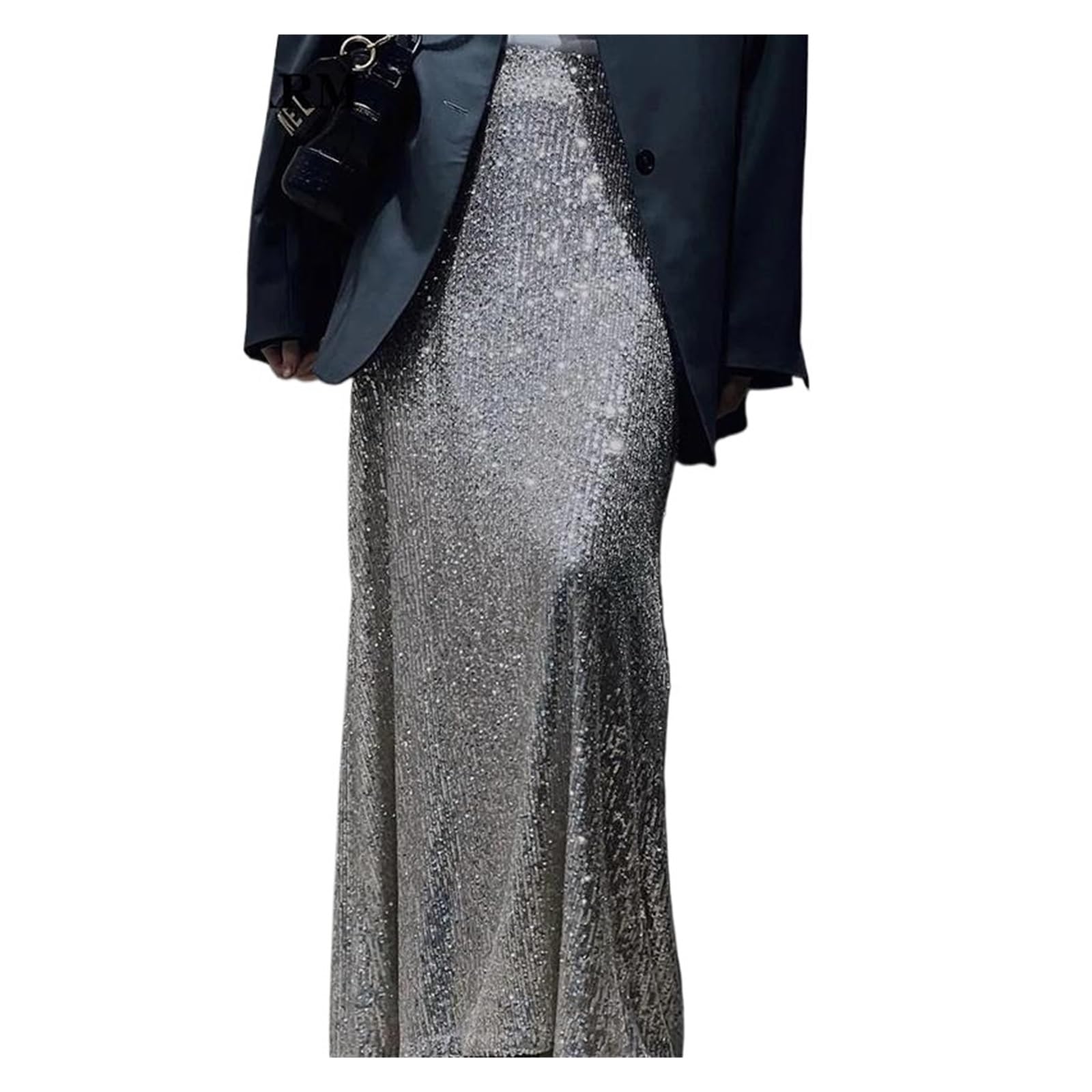 Falda Lentejuelas Falda de Lentejuelas de Moda for Mujer, Faldas largas Elegantes de Cintura Alta, Falda Holgada Informal for Oficina, Ropa de Calle(Silver,S)