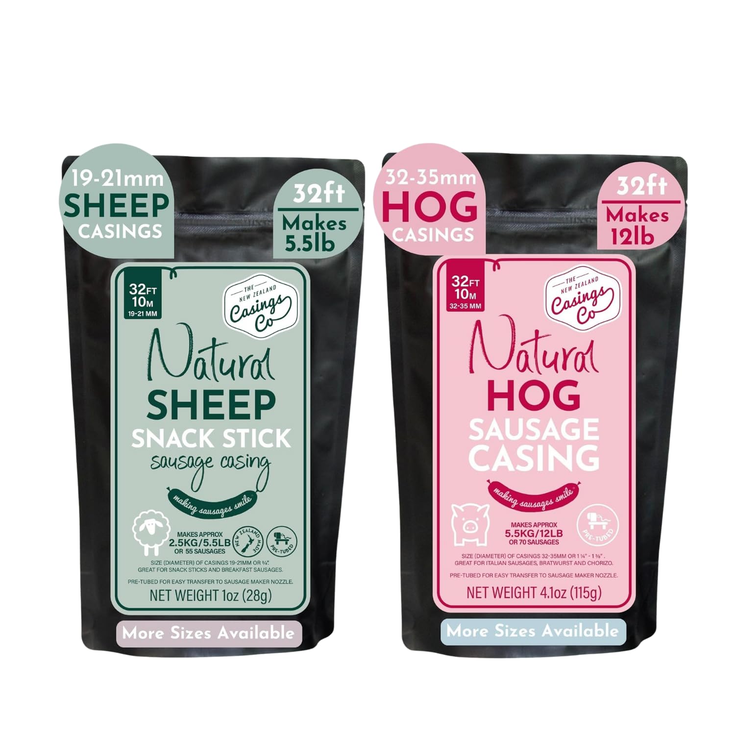 Natural Casings for Sausage Making - 19mm Halal Lamb/Sheep Casings (32ft) & 32mm Hog Casings (32ft) - Pre-tube, Ideal for Italian Sausages, Kielbasa, and Chorizo