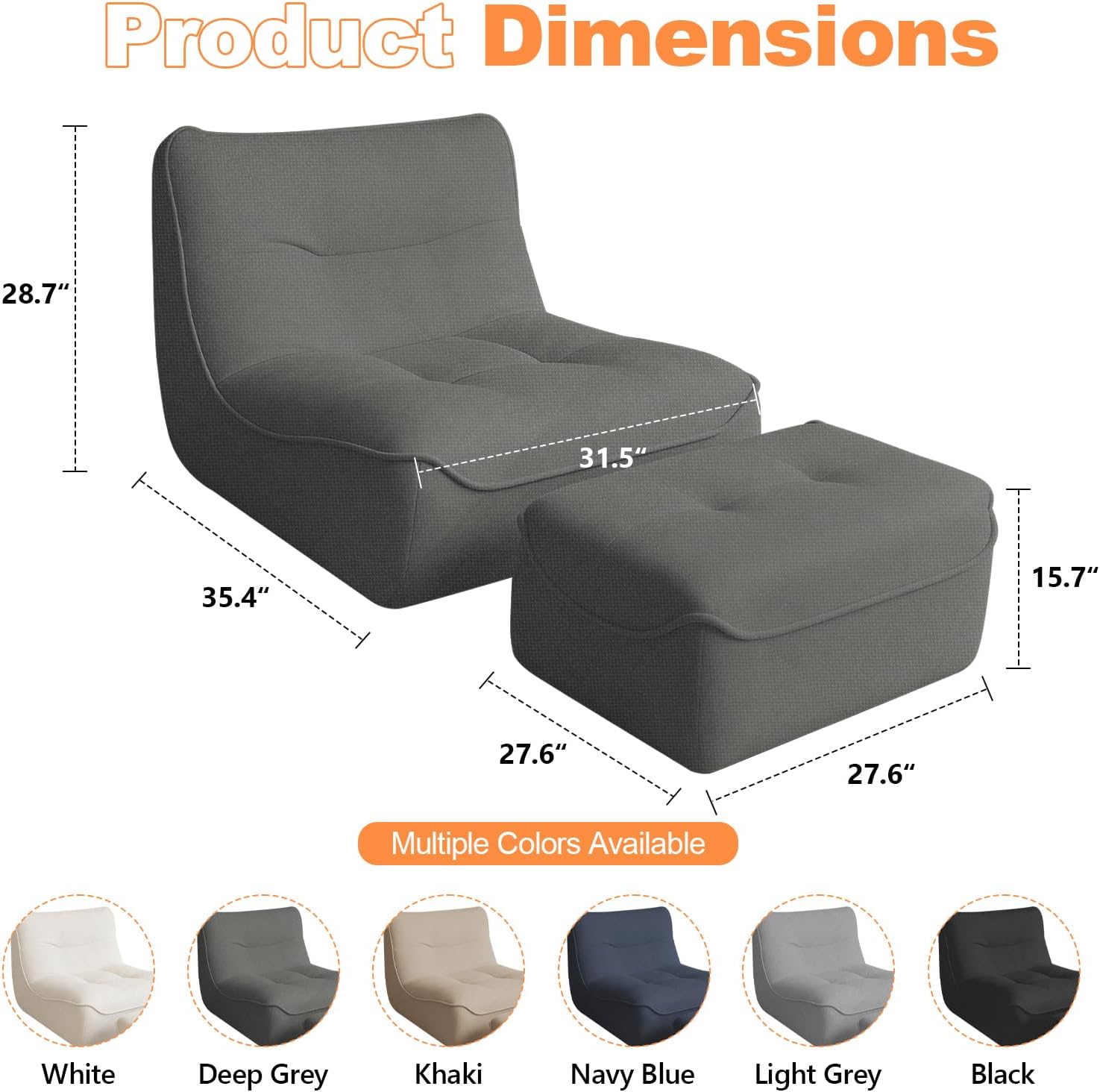 Large Bean Bag Chair with Ottaman for Adults, Chaise Lounge for Reading, Gaming, Lazy BeanBag Floor Sofa with Memory Foam Filled for Study Bedroom Living Room, Deep Grey