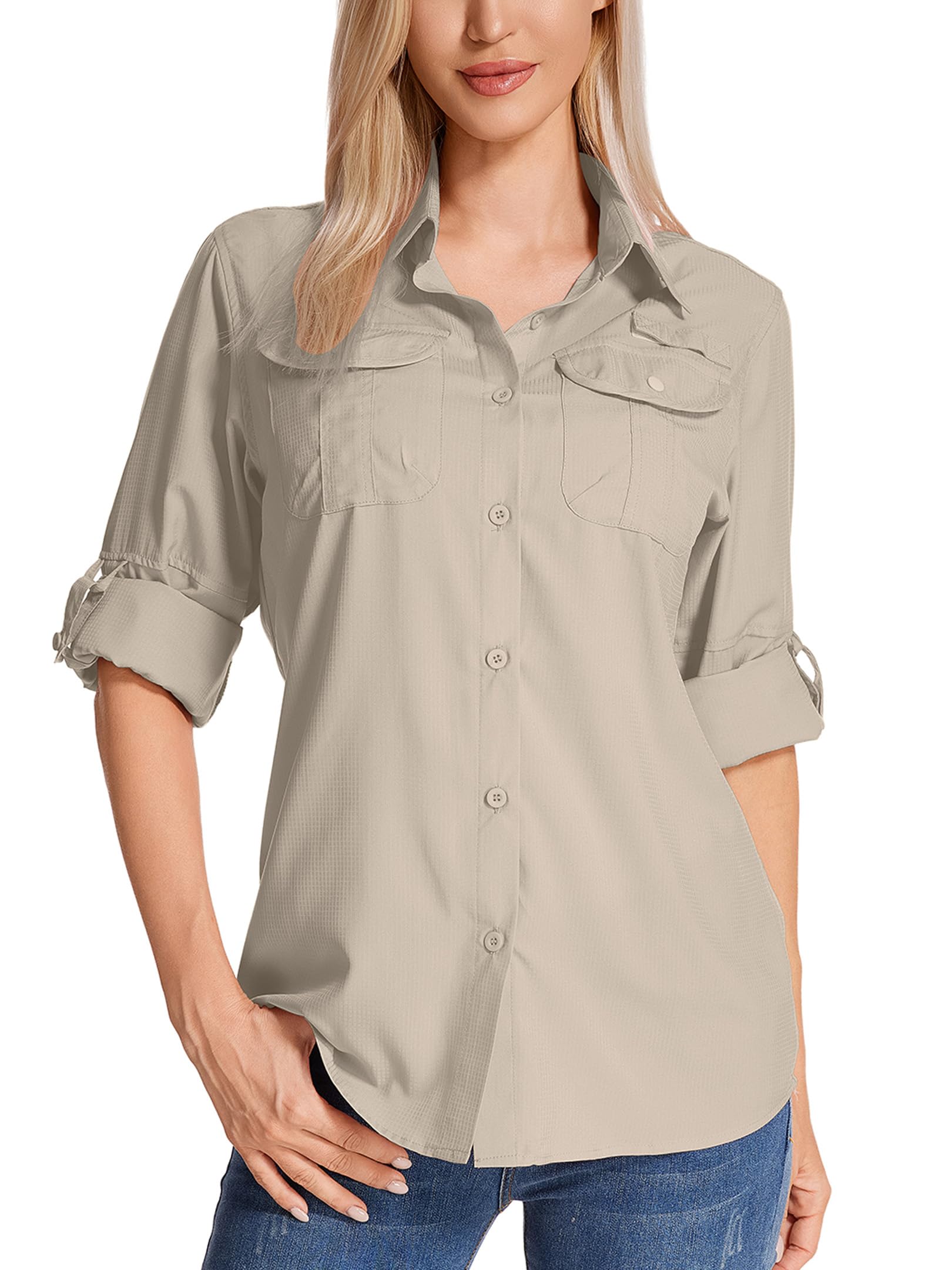 Camisa de Safari para Mujer Manga Larga - Tejido Transpirable y Secado rápido - Protección Solar UPF - Ideal para Pesca, Senderismo, Trekking, Acampada y Viajes - Ruta técnica Outdoor