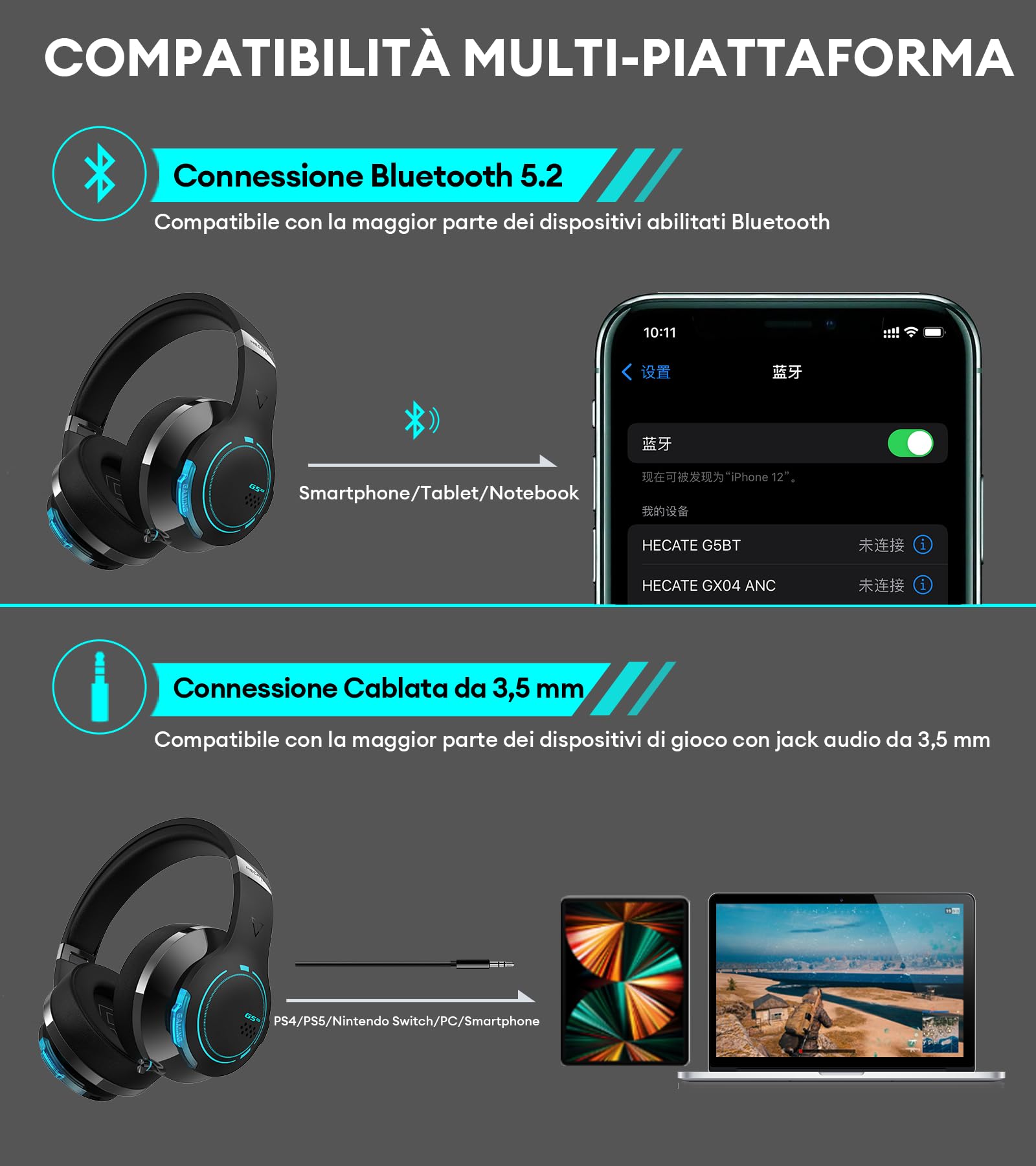 Edifier HECATE G5BT Cuffie Gaming Over Ear con Mic, Cancellazione del Rumore, RGB Luce, H+ Effetti Sonori, Hi-Res Audio, Bluetooth e Cavo Audio 3,5mm per PC PS4 PS5 Cellulari Switch (Nero)