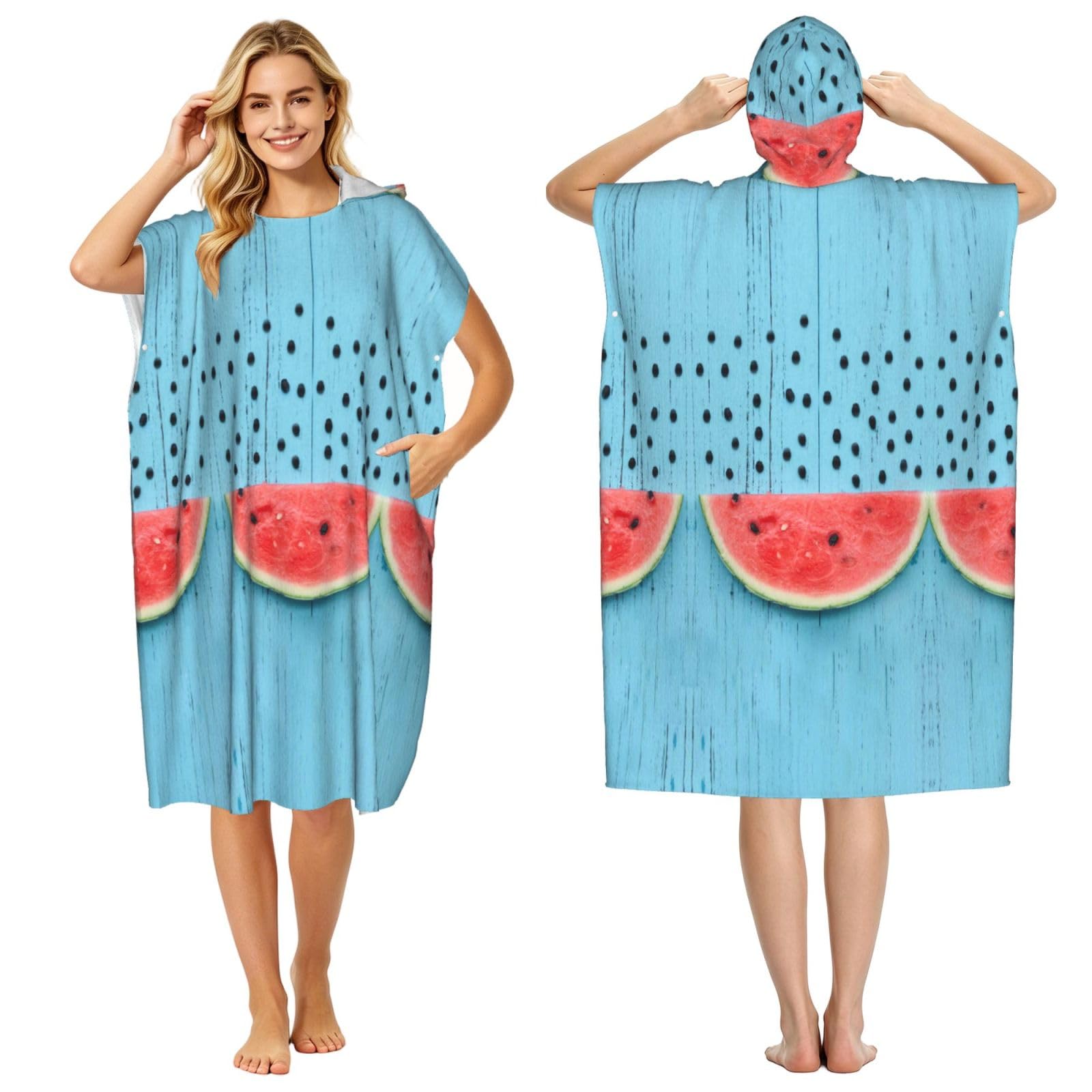 Peignoir à capuche imprimé pastèque bleu pour ne plus attraper froid à la plage