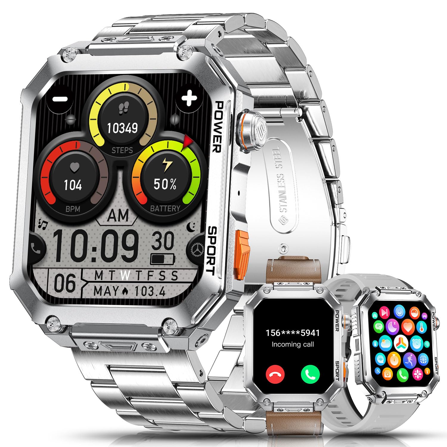 ESFOE Montre Connectée Homme,1,96" Militaire Smartwatch avec Appel Bluetooth 3 Bracelets 100+ Modes Sportifs 5ATM Étanche Fréquence Cardiaque Podomètre Fitness Tracker iOS Android Argent Métallisé