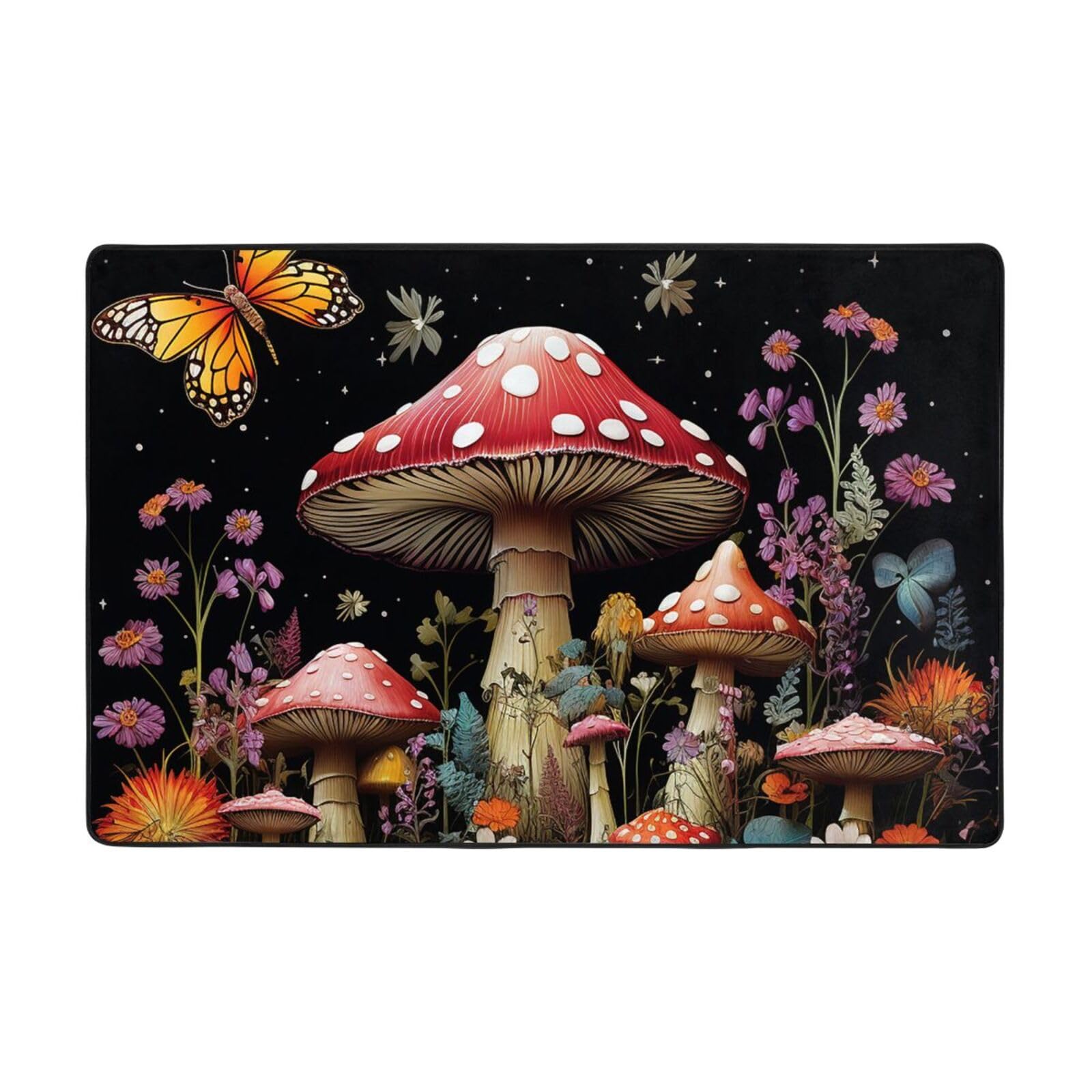 Tapis vintage pour salon motif champignons et papillons pour chambre