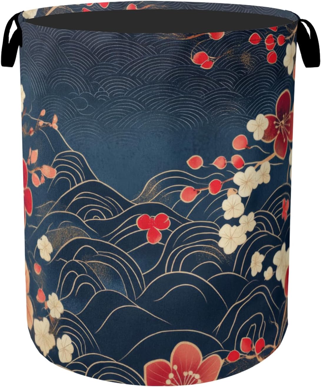 Japanese Cherry Blossom Laundry Basket, Blue Large Clothes Hamper Bag with Handles, Space Saving Foldable Design for Nursery