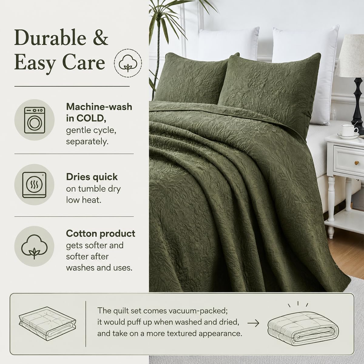 Brandream Olive Green Botanical Quilt Set King Size Cotton Cottage Sculpted Floral Vine Stitching 3-Piece Quilt Bedding Set