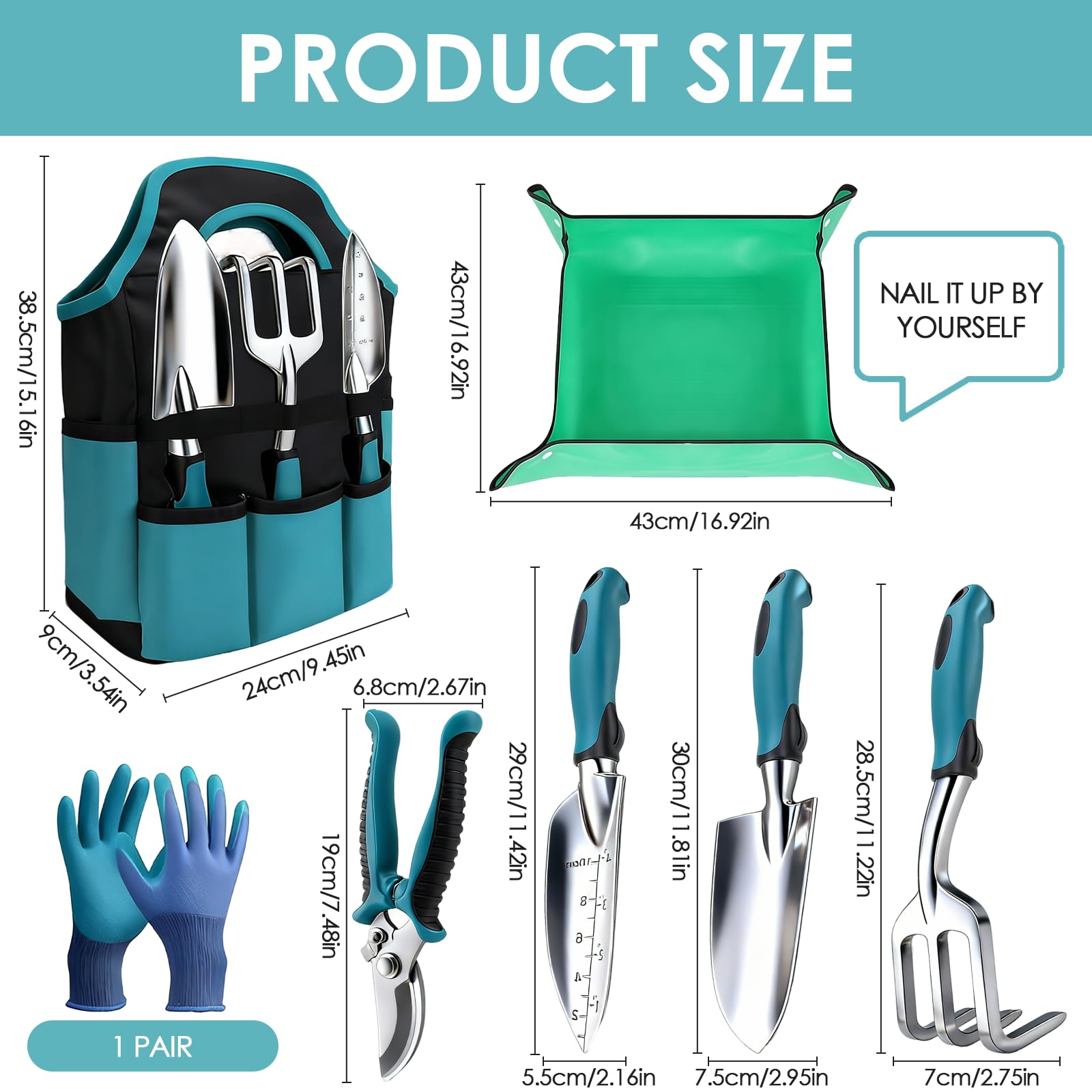 Juego de Herramientas de jardinería 7PC, Kit de jardineria Bolsa de Jardín con Bolsa de sujeción Resistente, Juego de Herramientas de Mano de jardín, Regalos de Jardinería para Mujeres y Hombres