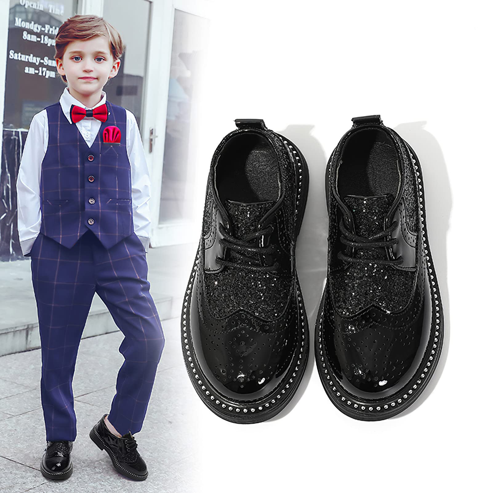 rismart Chico Niña Zapatos de Vestido con Cordones Brillante Lentejuelas Cómoda Formal Brogue Wingtip Oxfords