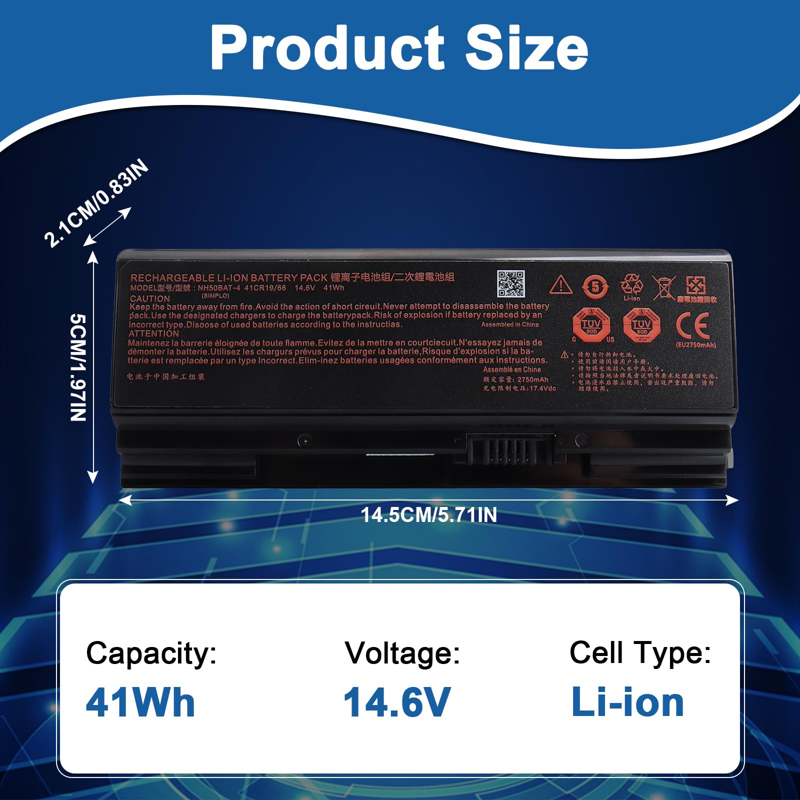 14.6V NH50BAT-4 Batterie pour Clevo NH50 NH55 NH57 NH58 NH70 HASEE Z7M-CT Z7M-CT7GS Z7M-CT5NA Z7M-CT7NA Z7M-CT7NK Sager NP6855 NP6856 NP6876 NP7853 Medion Erazer P15609 P15805 Gigaoctet A5 X1 A7 X1S