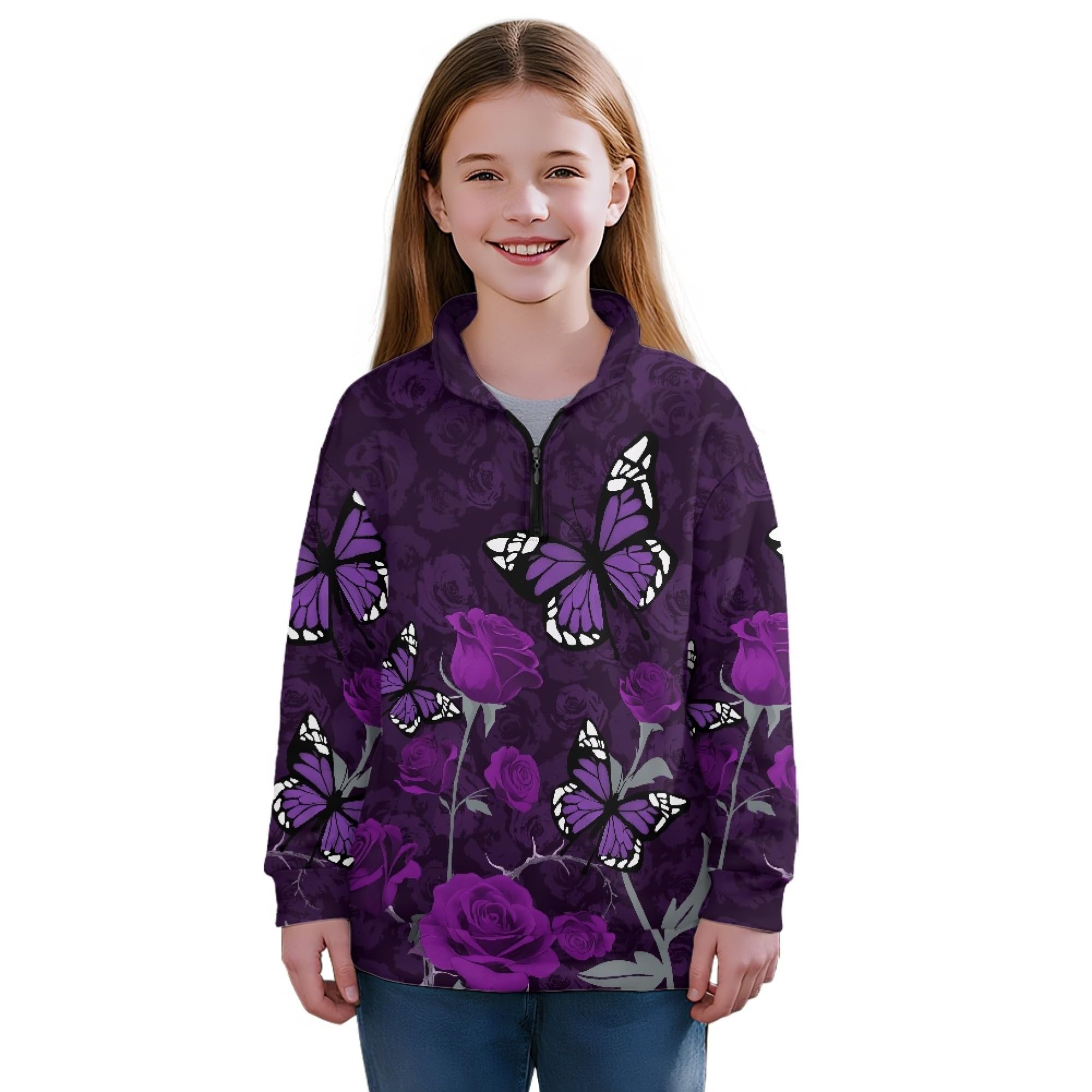AmzPrint Half Zip Pullover Coat Girls Long Sleeve Pullover Spring Jogger Running Oversized Hoodies For Toddler Girls