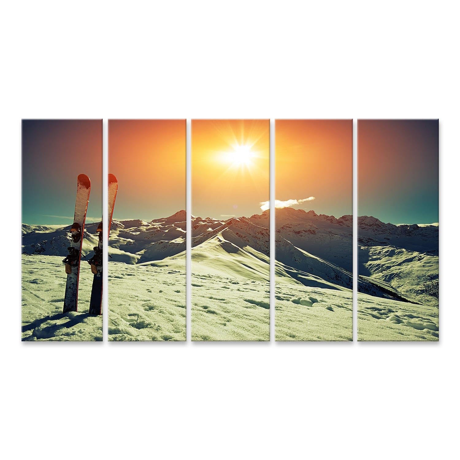islandburner Wandbild auf Leinwand Skier im Schnee vor majestätischen Bergen im - 5-teilig XXL