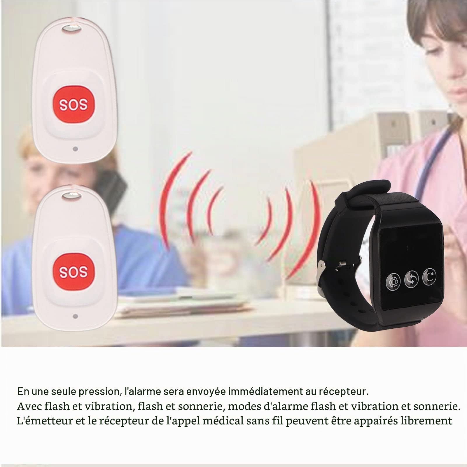 Système D'appel Intelligent sans Fil pour Soignant, Bouton émetteur SOS, Téléavertisseur pour Patients âgés, 1 Bouton de Montre, 1 Récepteur, Lumière Clignotante, Vibration et
