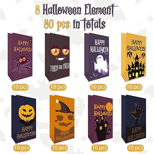 Miniatura 3 de Hommay Bolsas de golosinas de Halloween, 80 bolsas de papel de Halloween, bolsas de regalo de dulce o truco, a granel, pequeñas bolsas de regalo de
