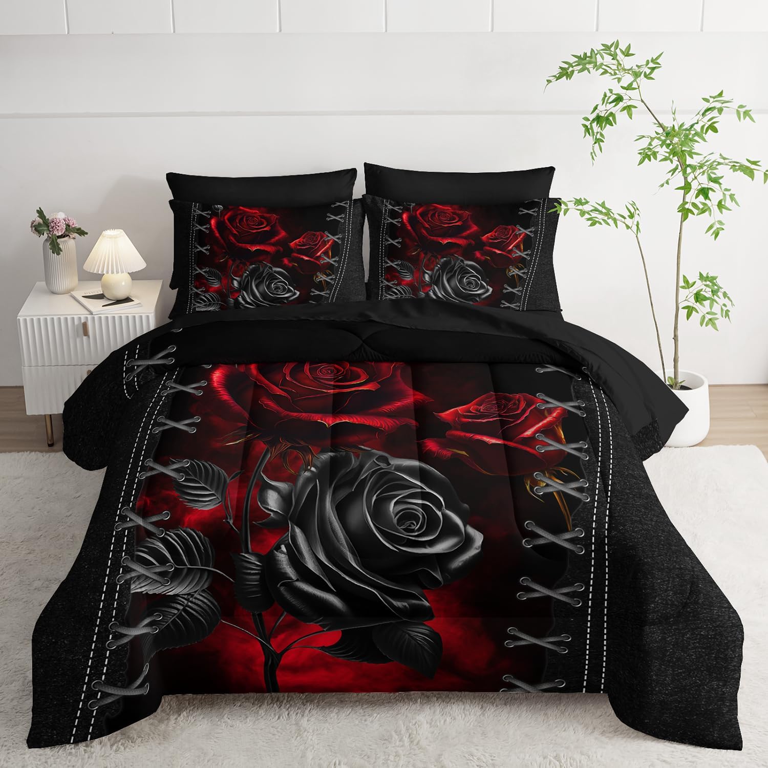 AILONEN Black and Red Rose Comforter Set Queen,7-Piece Flower Bed in a Ba,Soft Comforter & Fitted Sheet with Flat Sheet & 2 Pillowcases,2 Pillow Shams for Bedroom