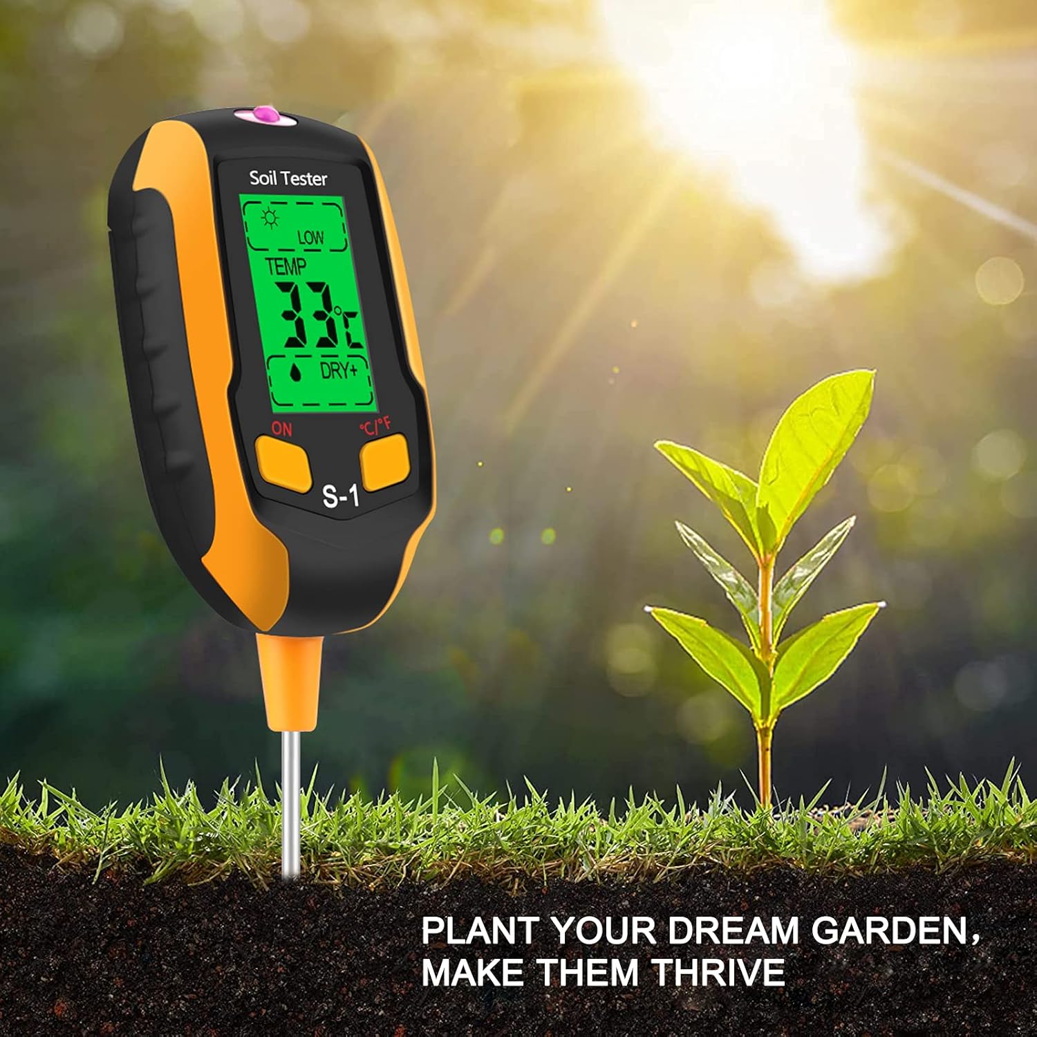 MASiKEN Soil Moisture Meter, Soil Test Kit 4-in-1 Thermometer, Soil PH Meter, Light illuminance,Hygrometer for Plant Digital, Gardening Potting Soil Meter for Indoor Outdoor Plants (S1) : Patio, Lawn & Garden