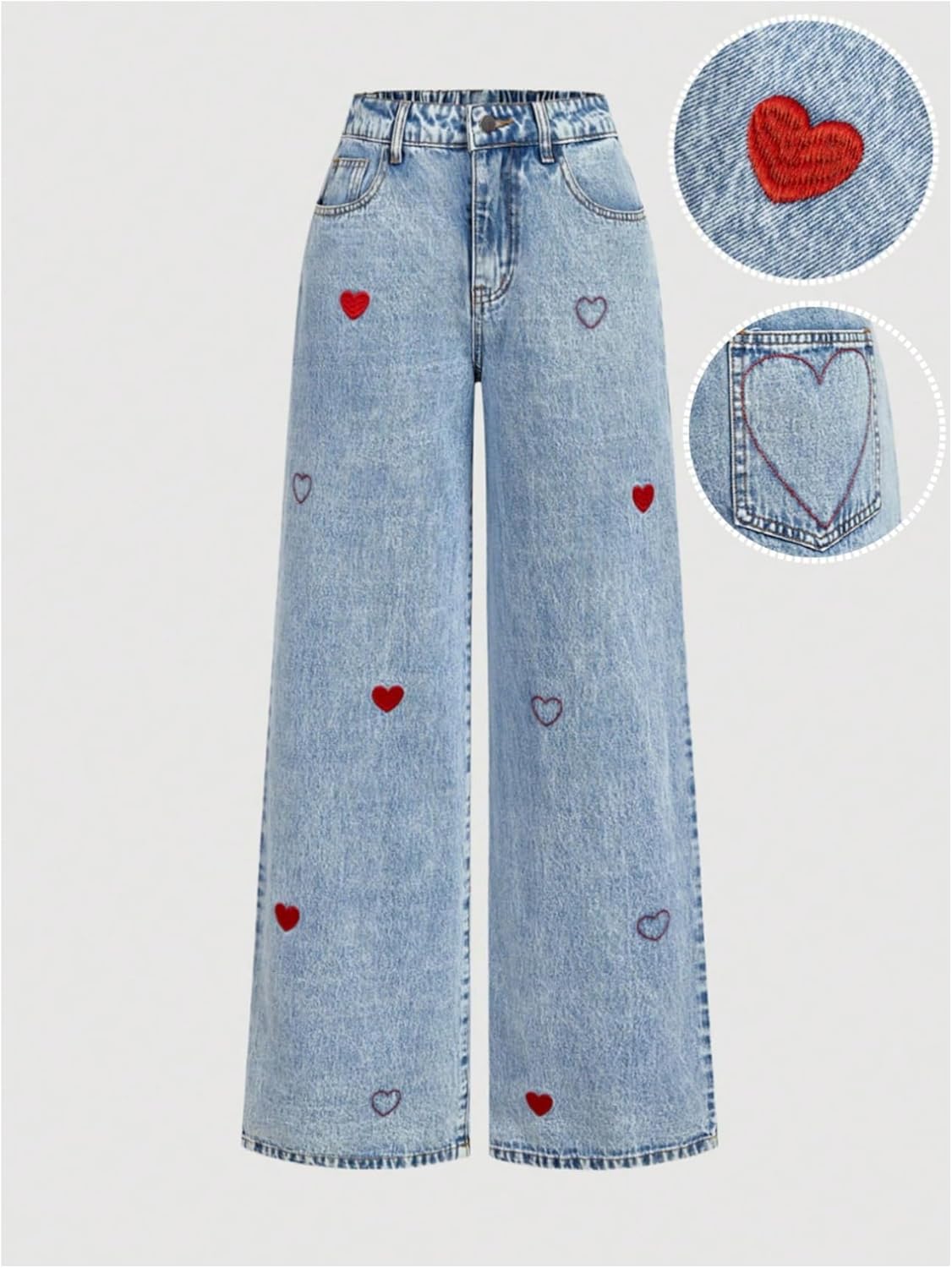 WDIRARA Women's Heart Embroidery Baggy Jeans Straight Leg Denim Pants