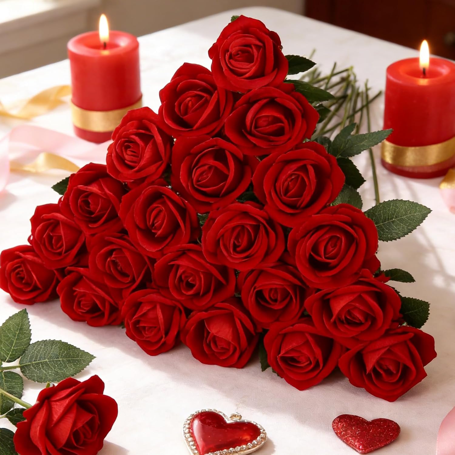 Ouddy Decor 50 Pcs Fake Red Roses Artificial Flowers Bulk Real Touch Velvet Silk Flowers with Long Stems for Wedding Bridal Bouquet DIY Table Centerpiece Arrangement Valentines Gifts Home Decor, Red - Image 3