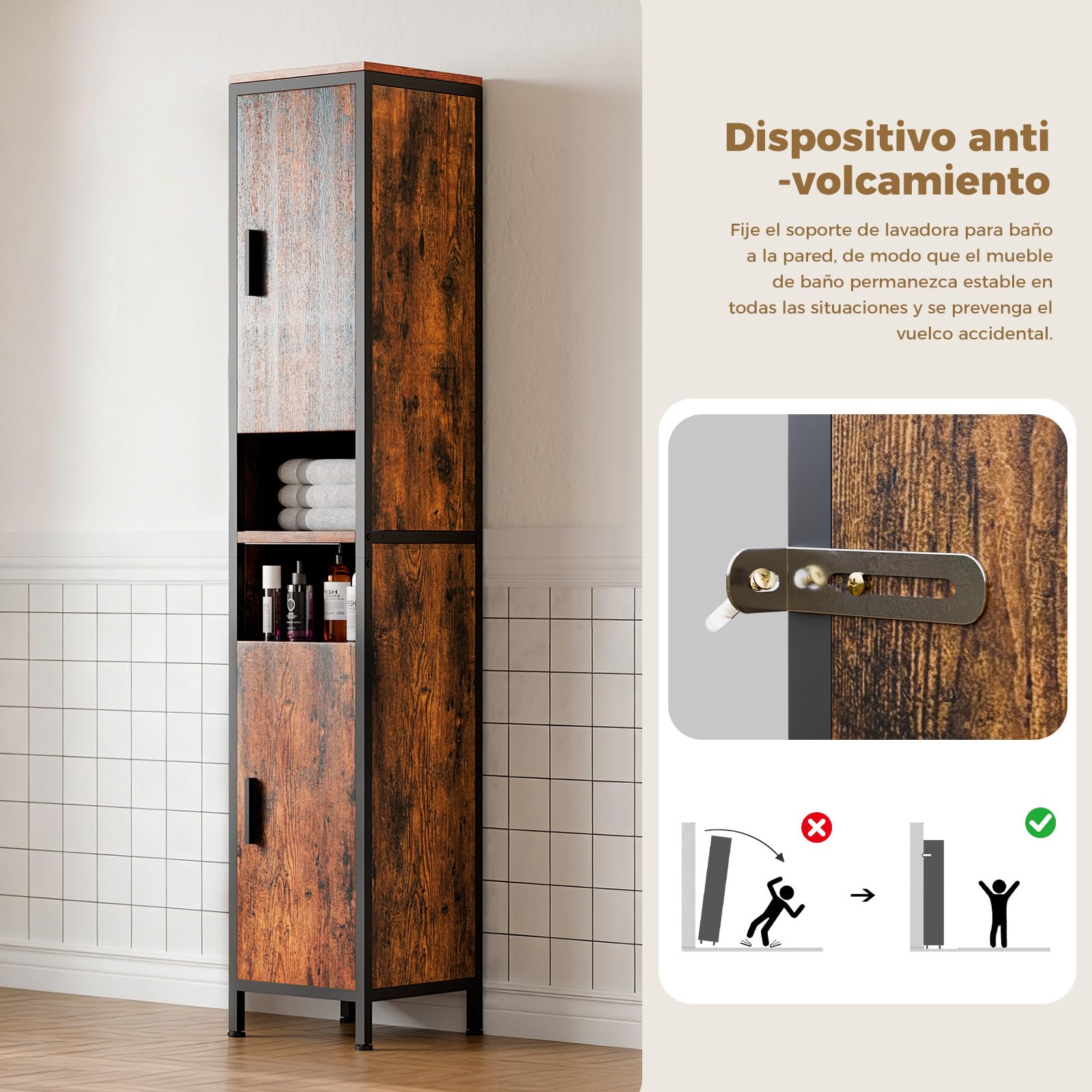 ELUCHANG Mueble Baño,Columna Estrecho,Armario baño Alto con 4 Puertas,Estantes Ajustables,Mueble Auxiliar baño Compartimentos Abiertos,para Espacios Pequeños,Cocina, Salón,30X30X174,Vintage+Negro