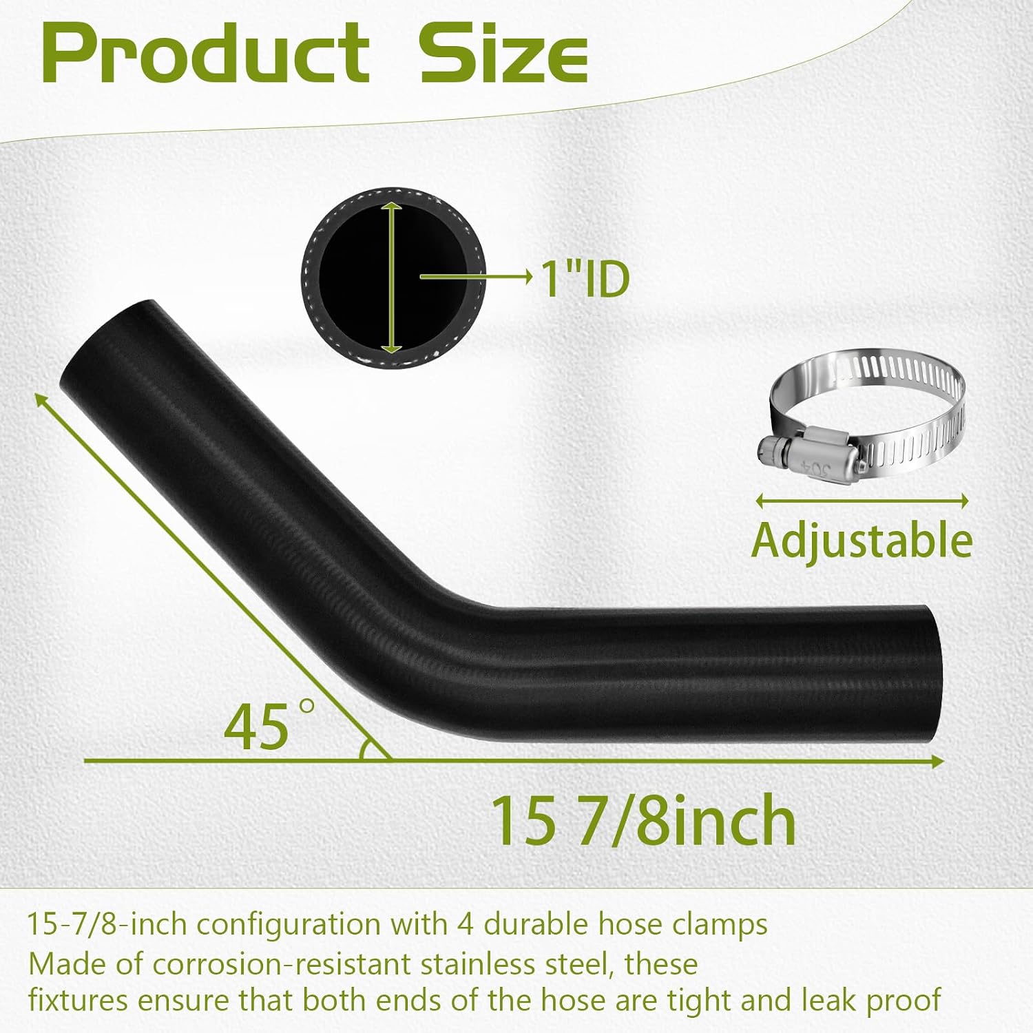 1" ID Gasoline Fuel Filler Neck Hose with 4 Clamps - 15 7/8" Length Gas Tank Hose Replacement (45 Degree)