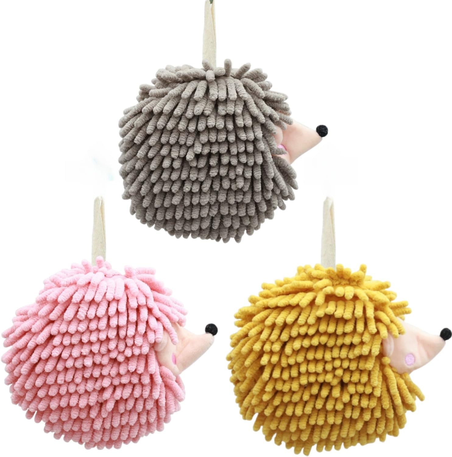 Cute Fuzzy Chenille Hand Towel Ball with Hanging Loops,Hanging Hand Towels for Bathroom Kitchen Quick Dry, Absorbent Hand Bath Towel,Set of 3(Green Yellow Purple)