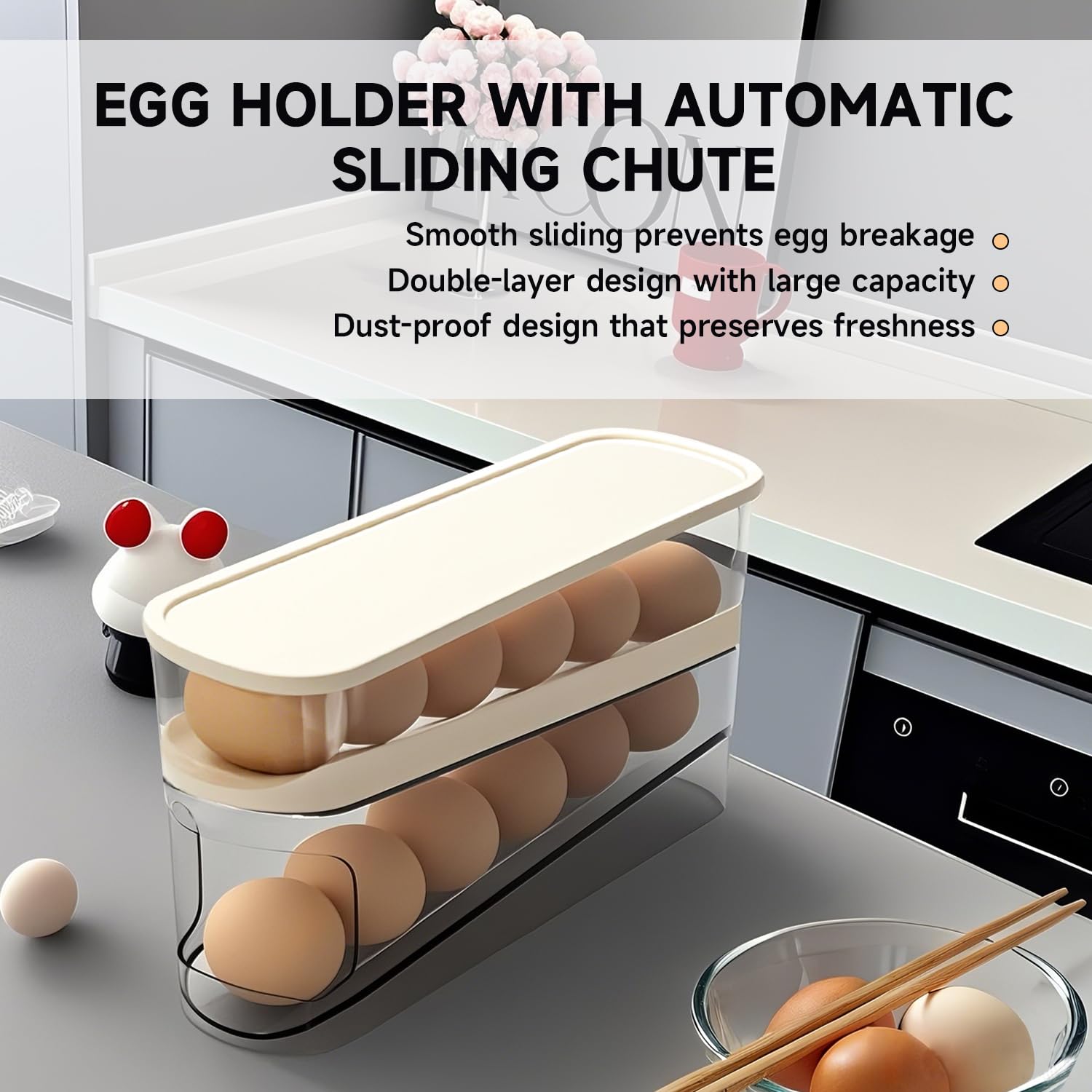 Soporte rodante para huevos para refrigerador, dispensador de huevos para refrigerador, contenedor de almacenamiento automático para encimera, cocina y uso al aire libre (3.35 x 3.74 x 11.02 4