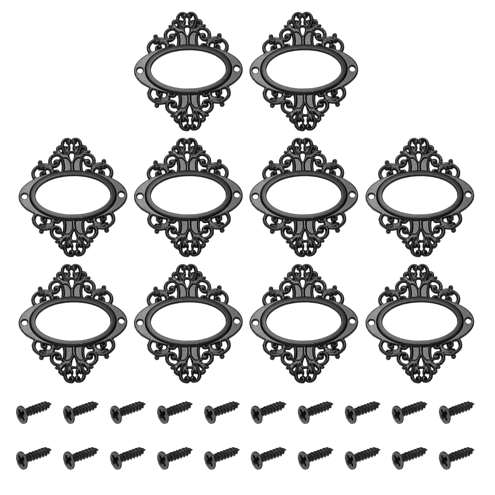sourcing map 10 Pcs Metal Label Holder, 5.6x6.6cm Small Vintage Card Frame Tag Floral Lace Label Holder with Screws for File Boxes Drawers Door Cabinet Book Shelves, Black