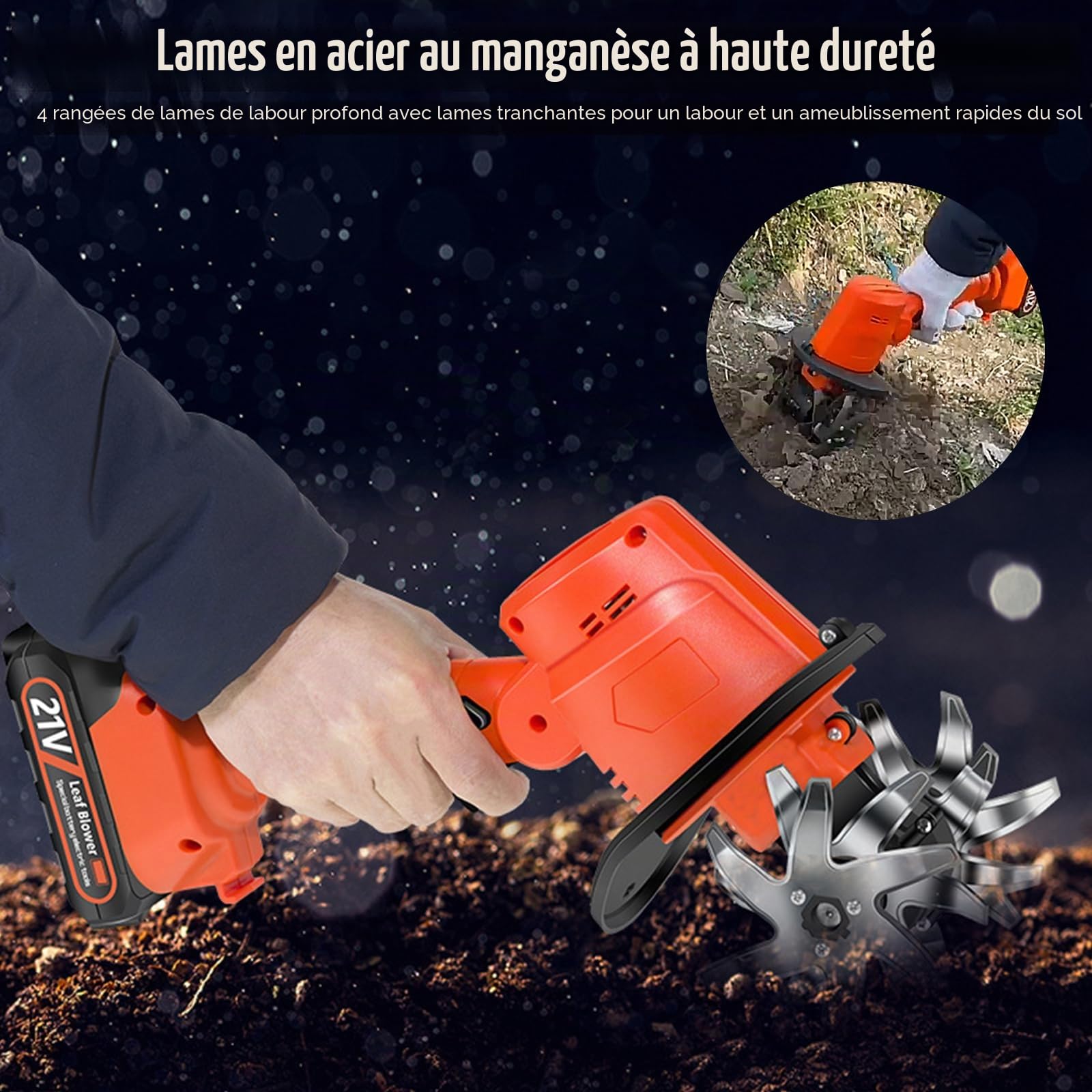 Motobineuse Électrique sans Fil,Portable Motoculteur Compatible avec Batterie 21V (sans Batterie),550W 235RPM,Largeur/Profondeur De Travail 10/10cm,Cultivateur pour Potager,Yard,Culture du Sol