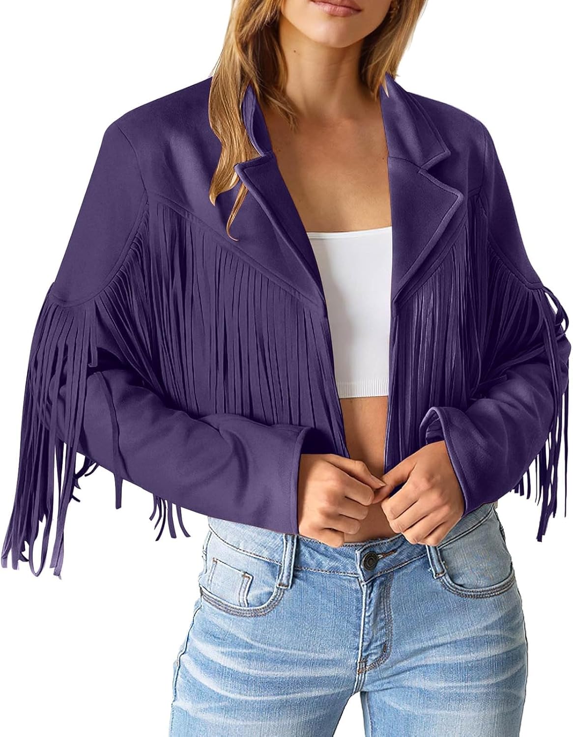 Stylish Women's Fringe Tassel Cropped Jacket Faux Suede Leather Motorcycle Coat for Casual Outfit - Image 3