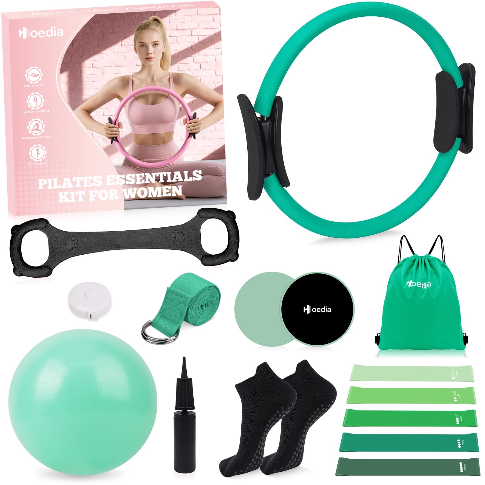 Hoedia Kit per Pilates da donna, attrezzatura per pilates con anello e | Anello per pilates, fasce di resistenza per palla da pilates, cinghia da yoga, cursori per core, calzini per allenamento a