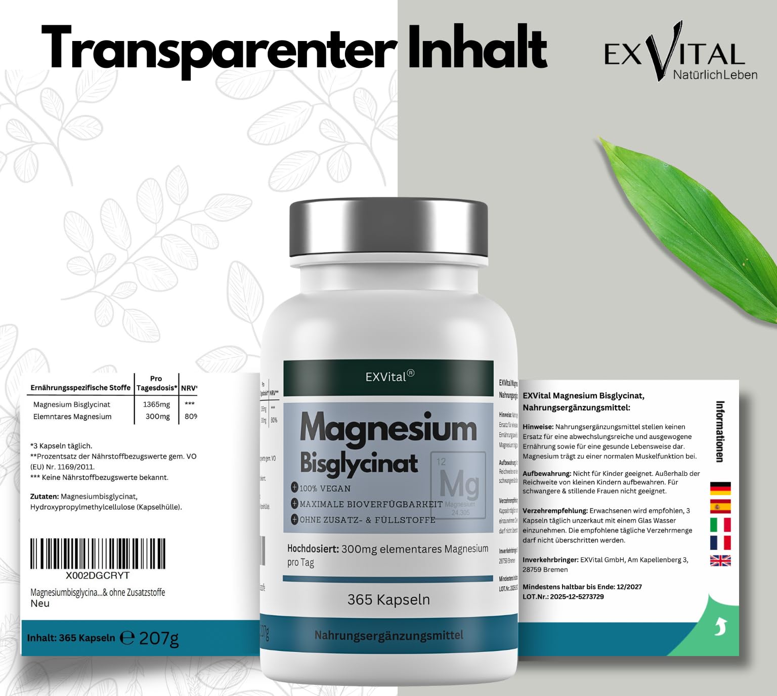 Magnesiumbisglycinat, 365 vegane Kapseln – 300 mg elementares Magnesium pro Tagesdosis, Magnesiumglycinat, hochdosiert & ohne Zusatzstoffe (Packung mit 2)