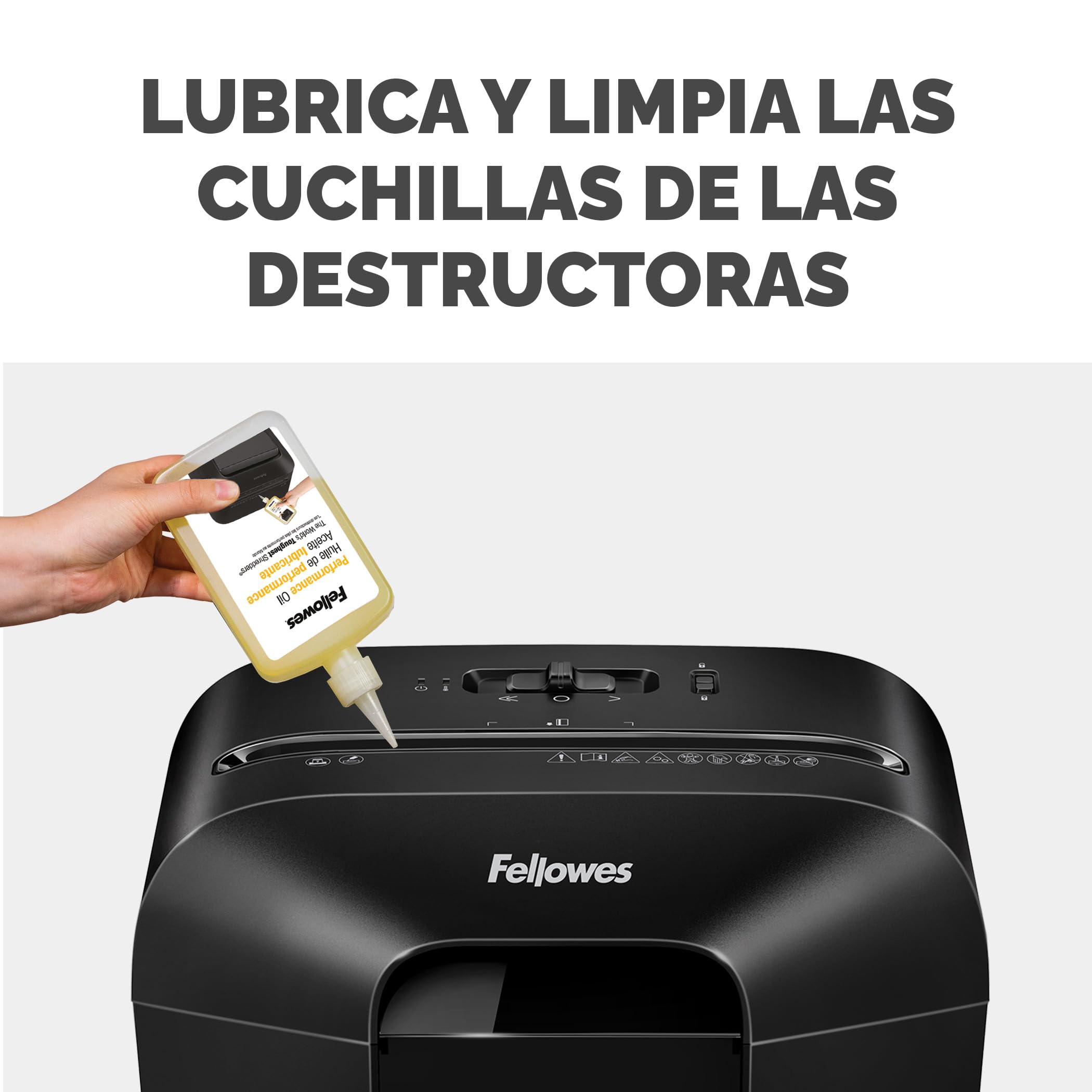 Fellowes Trituradora de Papel LX50, Corte en partículas, destruye hasta 9 Hojas, Uso Personal, con Bloqueo de Seguridad, Negro + Aceite lubricante para destructoras de papel, 355 ml