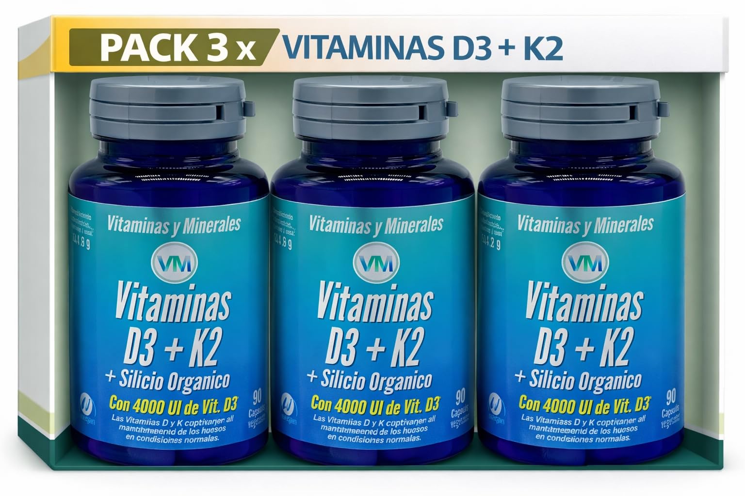 Pack 3 Vitamina D3 y K2 con Silicio Orgánico Ynsa diet, 270 cápsulas vegetales en total, con bambú, vitamina D3 100 µg y vitamina K2 50 µg, formato ahorro diario