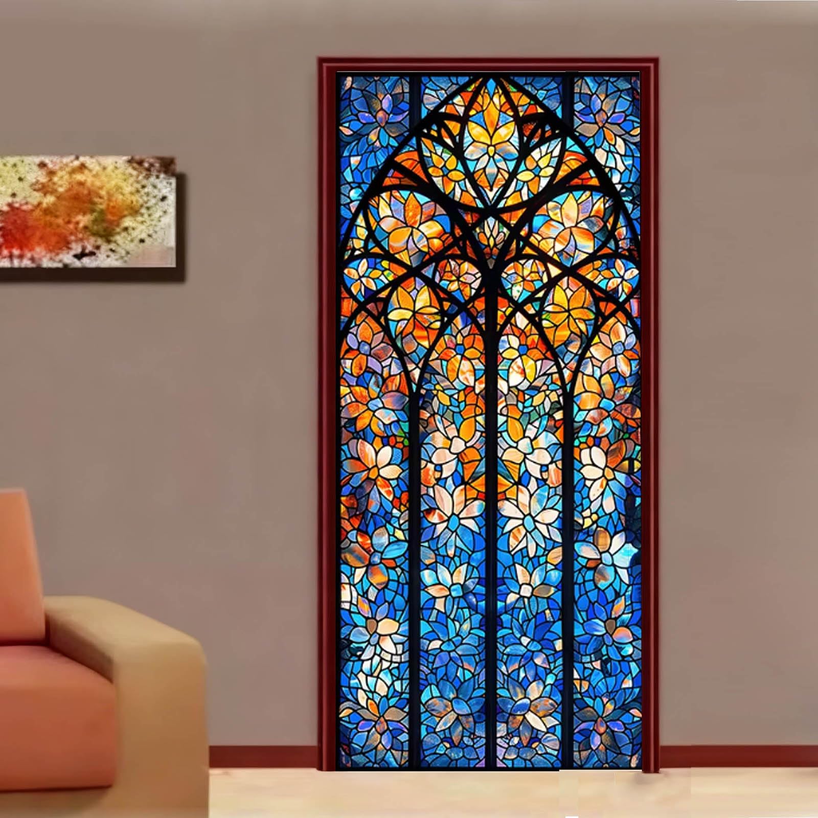 Ornamente Fensterfolie im Kirchen-Buntglas Look – Blumen-Mosaik Motiv statische Haftung ohne Kleber abnehmbar UV-Schutz voller Sichtschutz für Heim Büro,W38,60x200cm