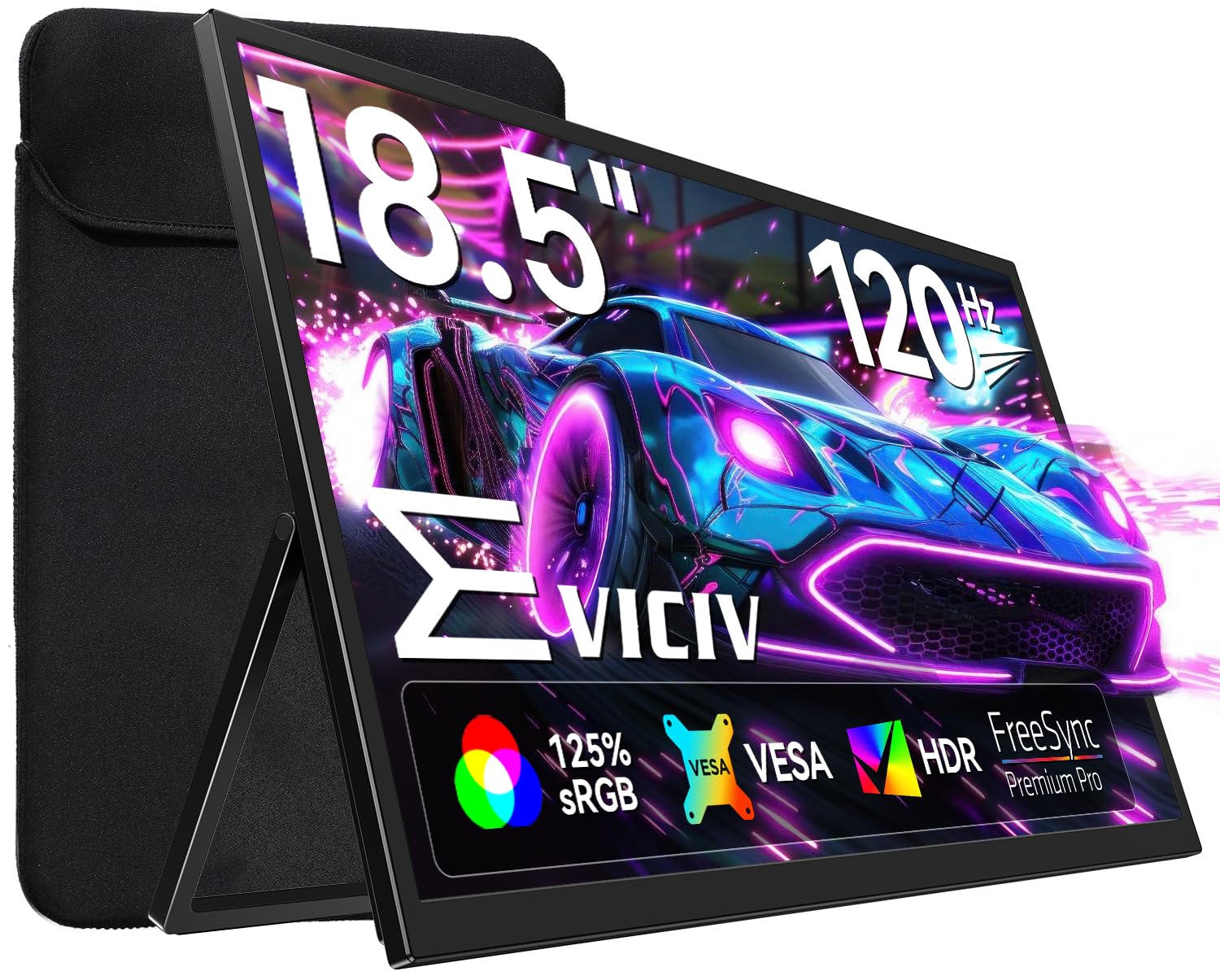 EVICIV Portable Monitor 18,5 Zoll 120Hz GroBer Tragbarer Bildschirm + Sleeve, FHD 1080P 125% sRGB 2000:1 IPS Gaming Display USB C Mini HDMI mit VESA & Ständer 180° für Laptop/Phone/Spielkonsole