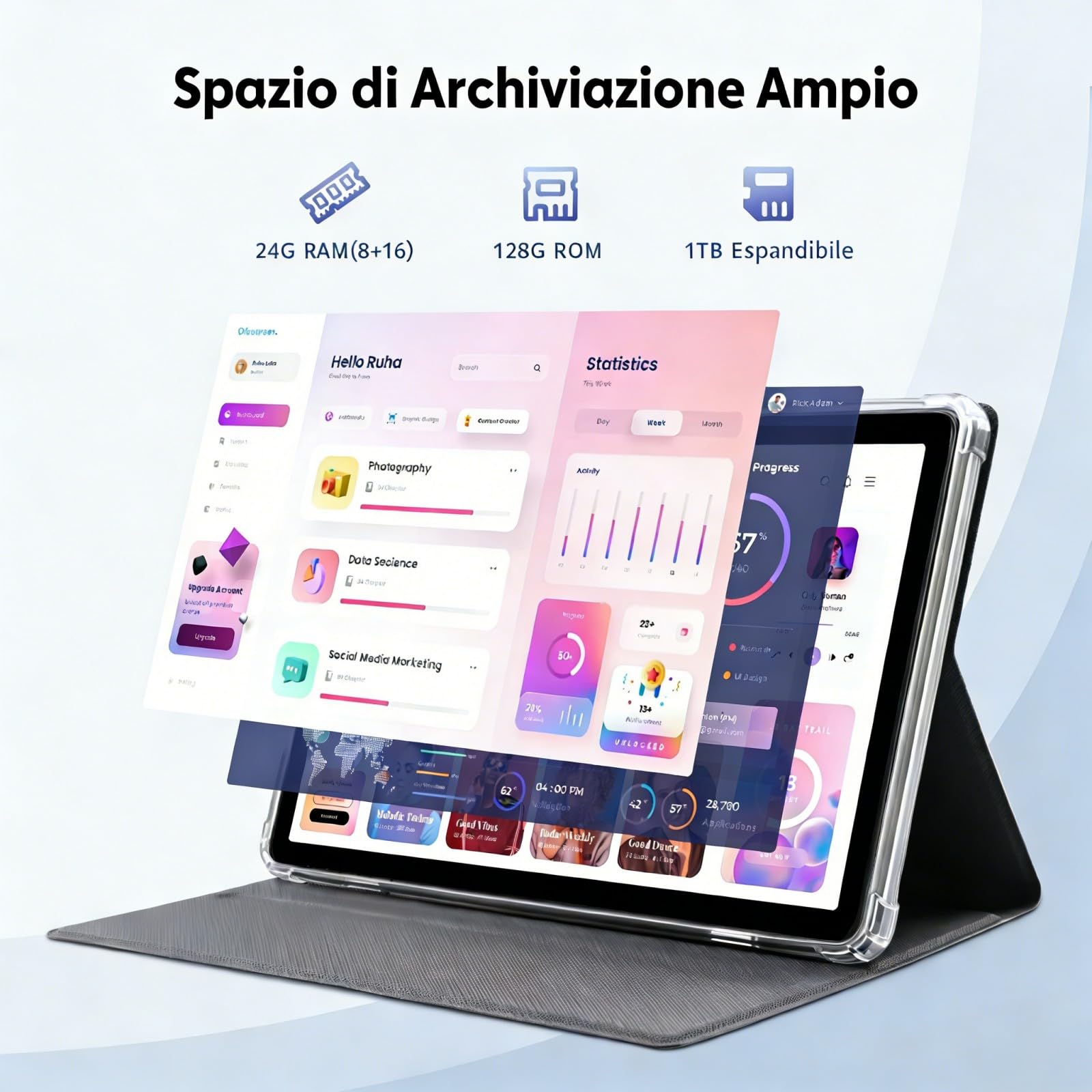 Tablet 10 Pollici, Tablet Android 15 con Custodia, Mouse & Tastiera, Octa-Core, 24GB RAM+128GB ROM+1TB Espandibile, Display IPS HD 1280*800, WiFi 5G, Doppia Fotocamera, 6000mAh, Widevine L1 (K80G)