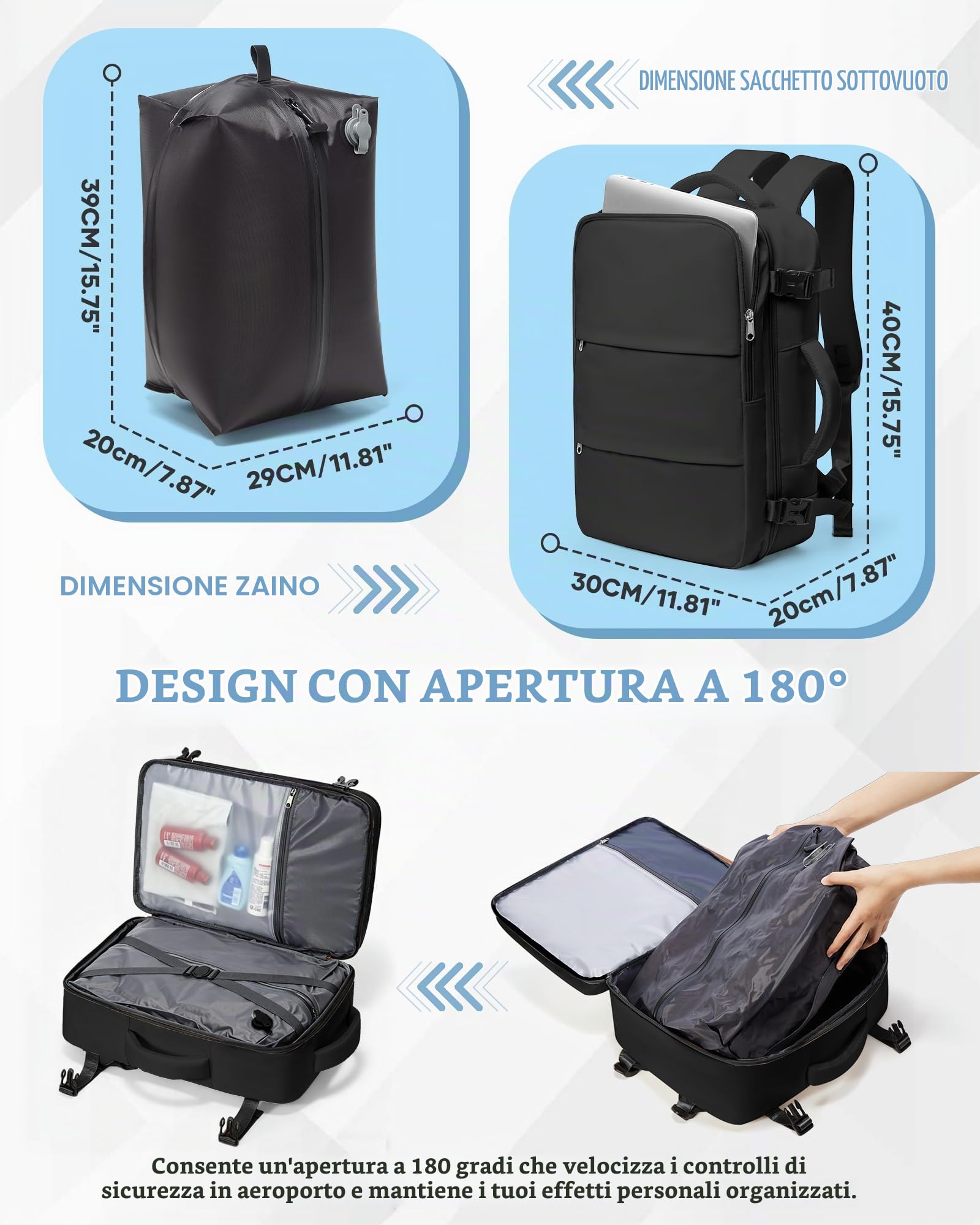 SZLX Zaino Ryanair 40x30x20 Sottovuoto con pompa Zaino da Viaggio 40x30x20 | Bagaglio a Mano 40x30x20 Wizzair Donna Uomo Borsa da Cabina per Easyjet Adatto a Laptop da 14 Pollici Impermeabile per Lavoro