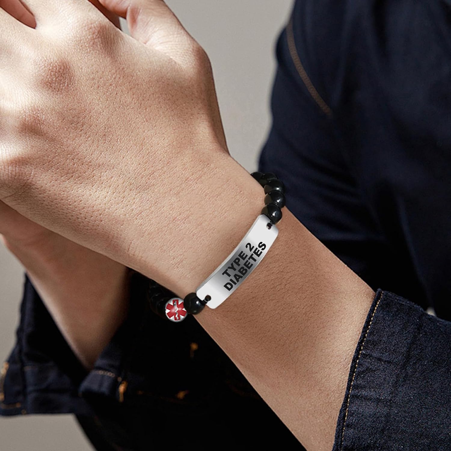 COMTRUD Medical ID Bracelet Stainless Steel Bend Brand ID Tag for Men Women Obsidian Medical Alert Beaded Bracelet Personalized Customized Jewelry Gift