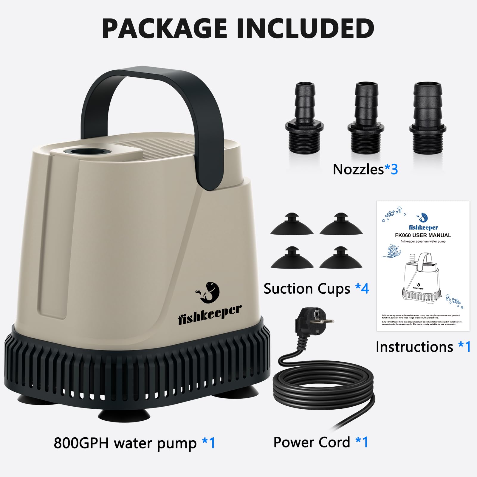 fishkeeper Pompa Aspira per Acquario, 40 W 3000 L/H Pompa Elettrica Aspirante Regolabile ad Alta portata per Piscina, Giardinio, Fontana, Acquari, Acqua Salata e Dolce