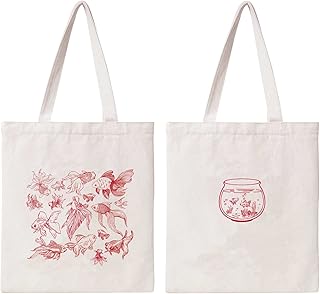 THEYGE Goldfish Canvas Tote Bag Aesthetic Cotton Canvas Bag for Women Girls Gift Cute Fish Tote Bag Book School Shopping Shoulder Bag Beach Bag