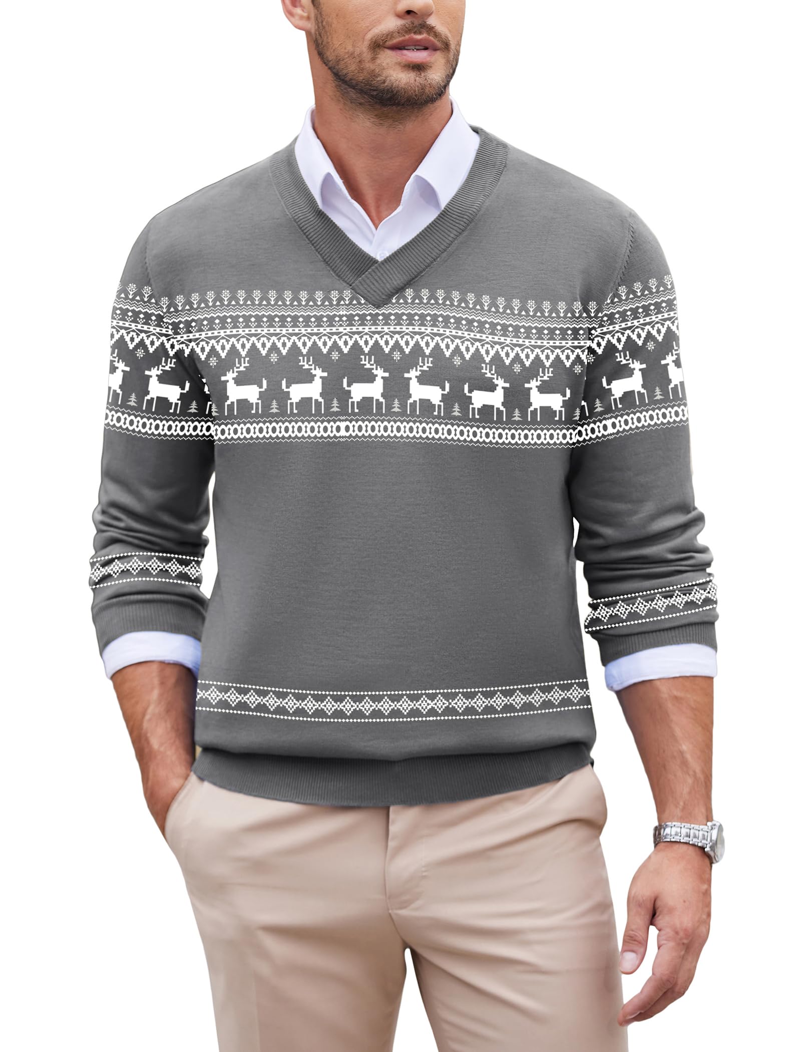 COOFANDY Weihnachtspullover Herren V-Ausschnitt Strickpullover Weihnachten Pullover Pulli Winterpullover Herren Christmas Sweater