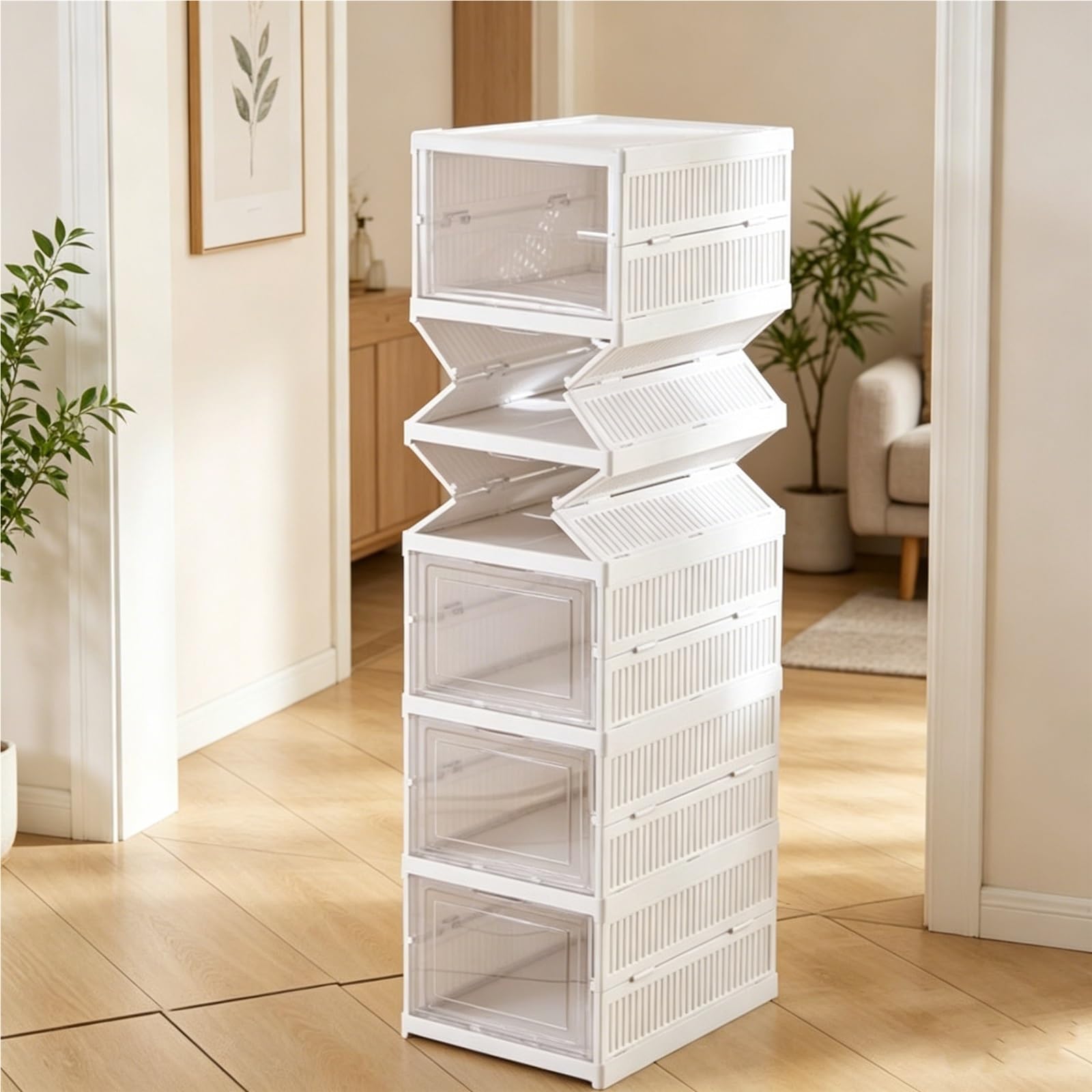 TYNGBT Fold-Top Stackable Shoe Cabinet with Transparent Doors, Freestanding Shoe Rack with Lid, Plastic Shoe Organizer for Closets and Entryways, 6 Tiers