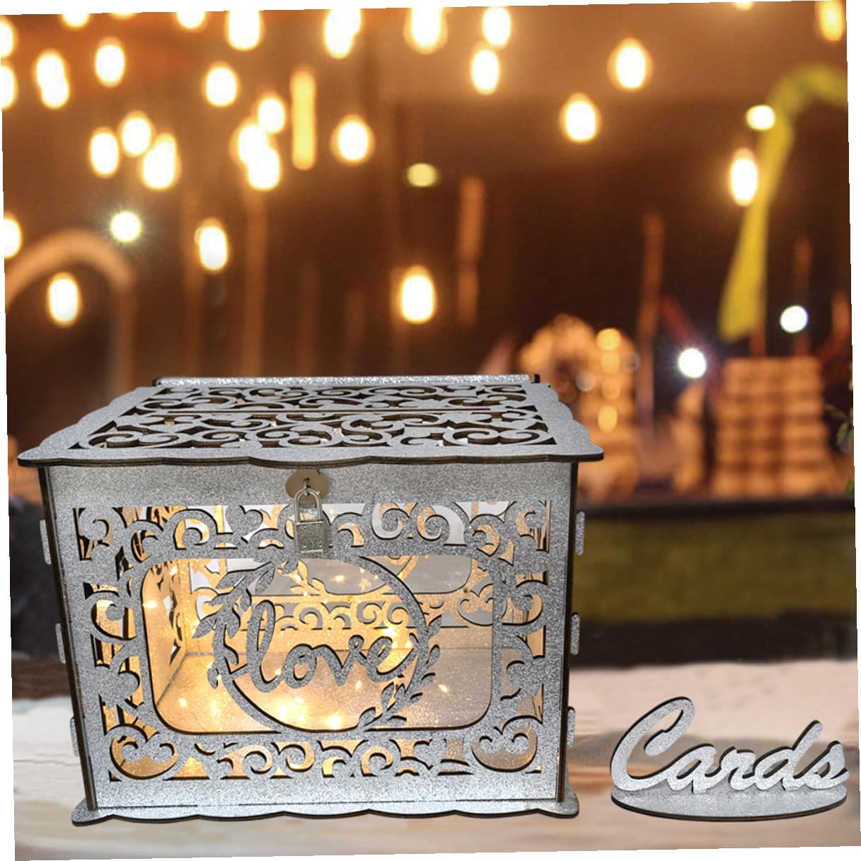 MAGICLULU Wooden Hollow Greeting Card Box Portable Card Container with Glitter for Wedding, Anniversary, and Birthday Decorations