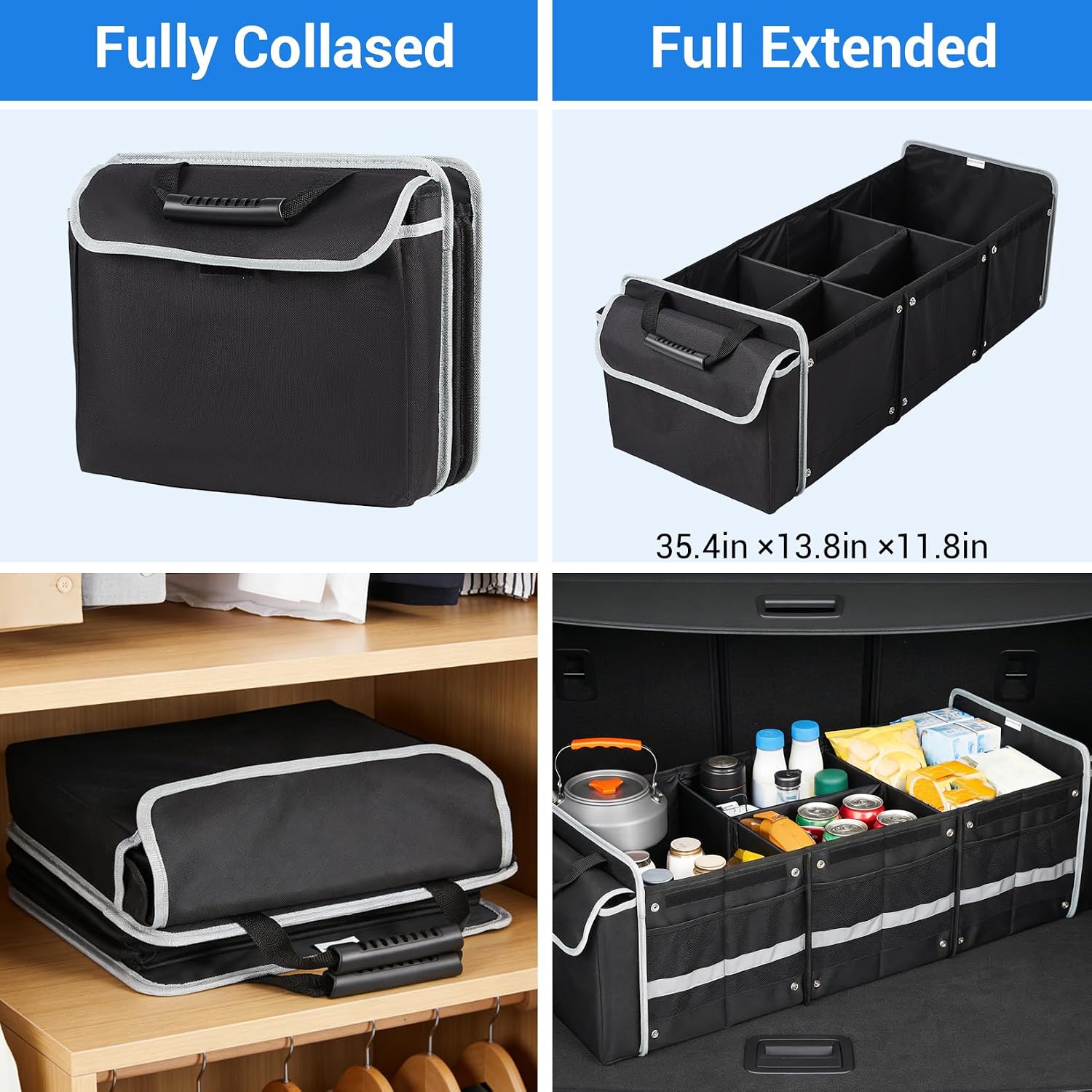 1PC Trunk Storage Bag with Ice Pack, Black 35.4x13.8x11.8 Inch (90x35x30cm), Oxford Cloth with Handle & Lid, Space-Saving, 3D Partition, Foldable, Waterproof, Removable, with Shoe/Wet Clothes Compartm