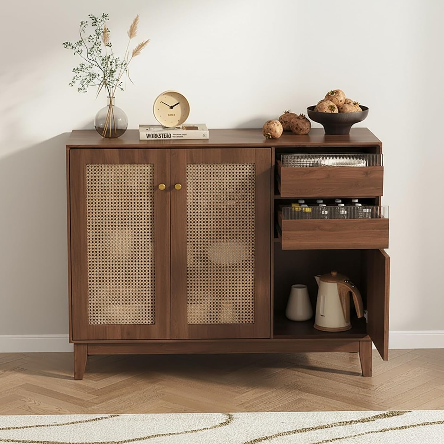 Rattan Sideboard Buffet Cabinet with Storage, Accent Cabinet with Doors and Shelves, Farmhouse Coffee Bar Station Table with Drawers, Suitable for entryway and Living Room(Wood Color,31.5in)