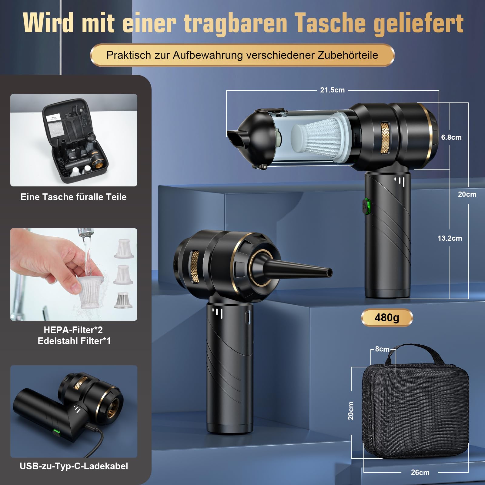 Handstaubsauger Akku 4-in-1,Auto Staubsauger Stark,28000PA HandstaubsaugerKabellos,3-Gang 240000 U/min Handstaubsauger Akku Testsieger für Auto,Küche,PC,Sofa,Büro,Haus& Tierhaar Reinigung